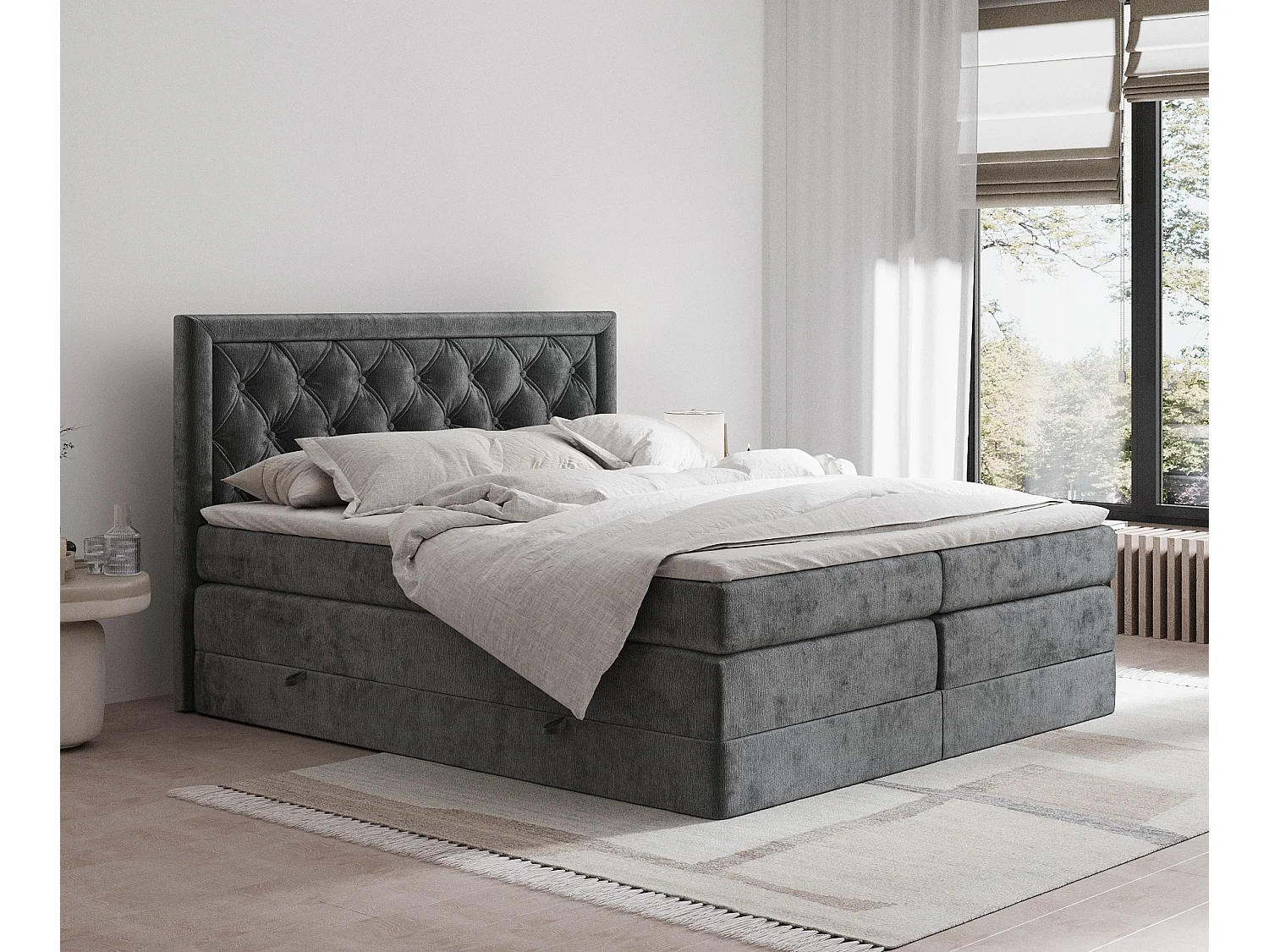 Boxspringbett aus Chenille-Stoff Aurelia - Matratze - Toppermatratze - 200x200 cm - dunkelgrau
