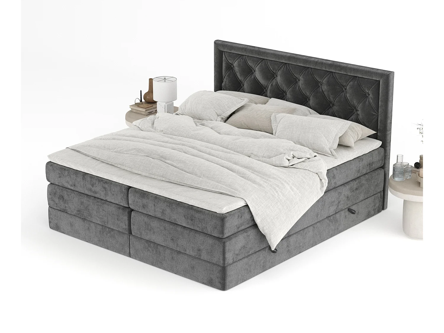 Boxspringbett aus Chenille-Stoff Aurelia - Matratze - Toppermatratze - 200x200 cm - dunkelgrau