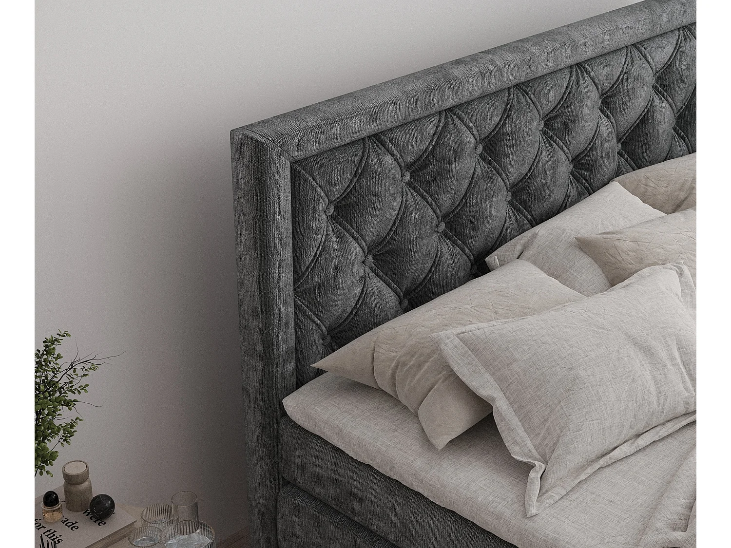 Boxspringbett aus Chenille-Stoff Aurelia - Matratze - Toppermatratze - 200x200 cm - dunkelgrau