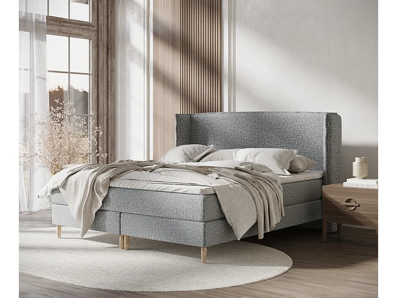 Boxspringbett aus Boucle-Stoff Ardis - Matratze - Toppermatratze - 200x200 cm - grau