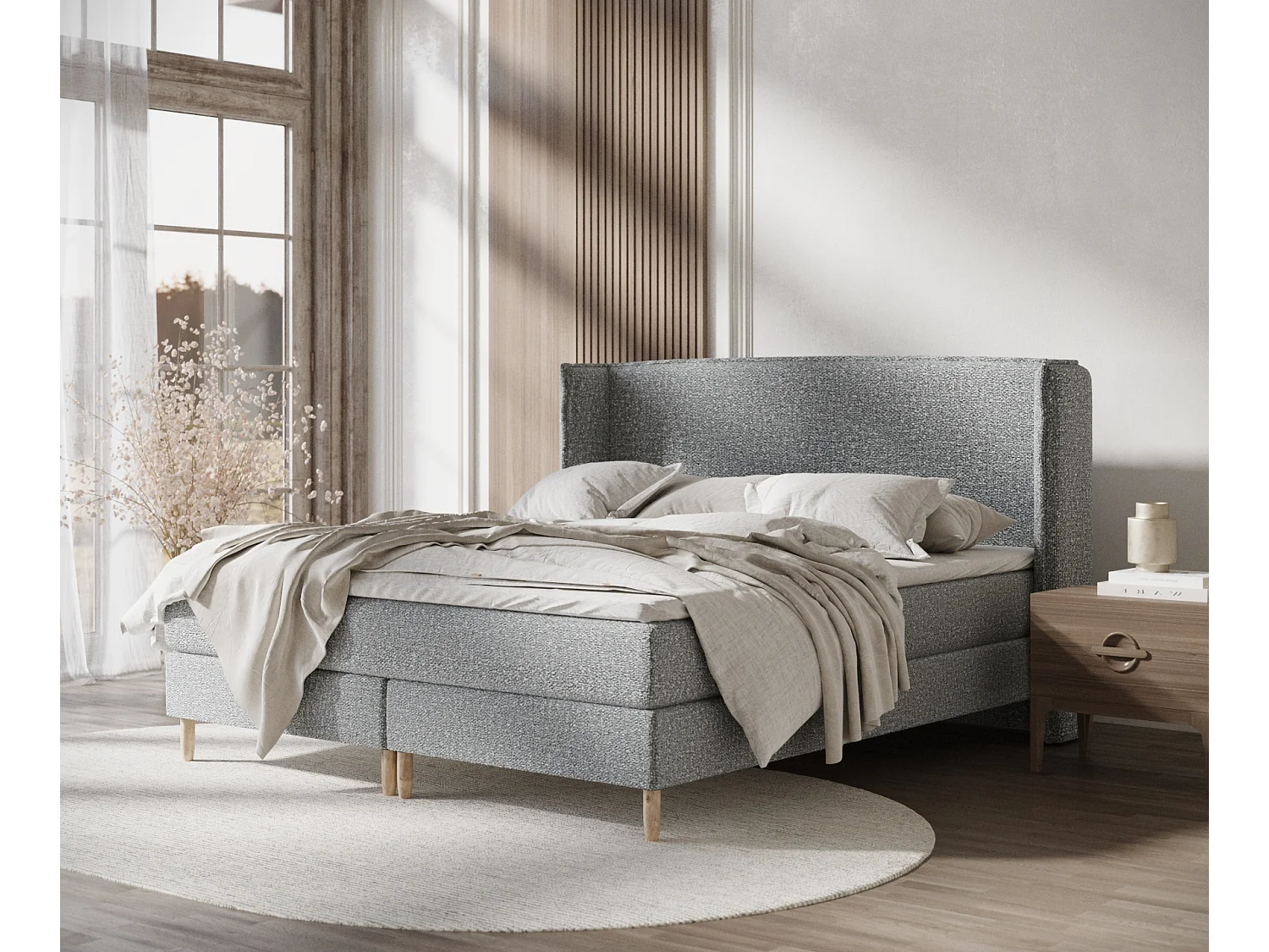 Boxspringbett aus Boucle-Stoff Ardis - Matratze - Toppermatratze - 200x200 cm - grau
