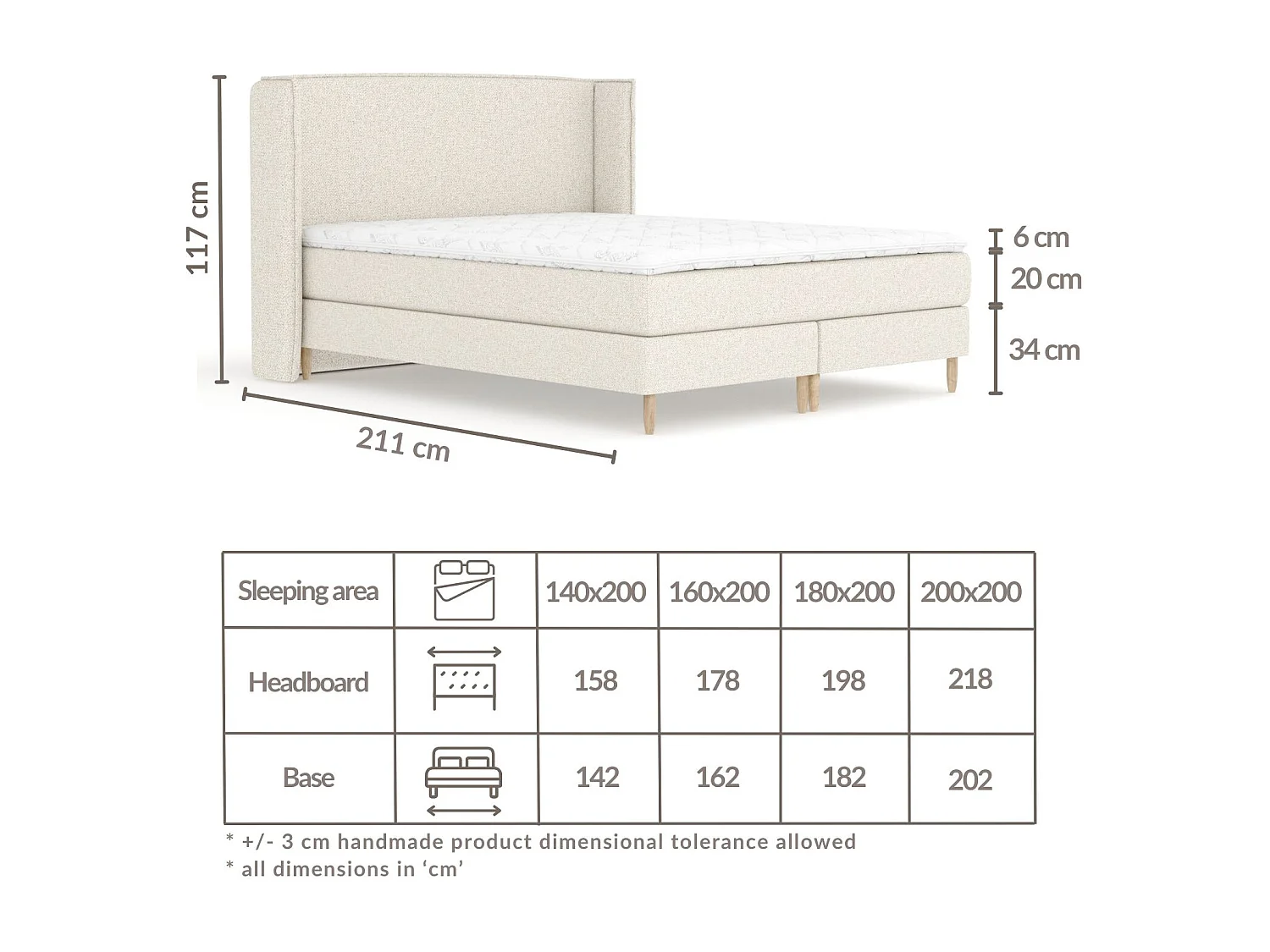 Boxspringbett aus Boucle-Stoff Ardis - Matratze - Toppermatratze - 200x200 cm - grau