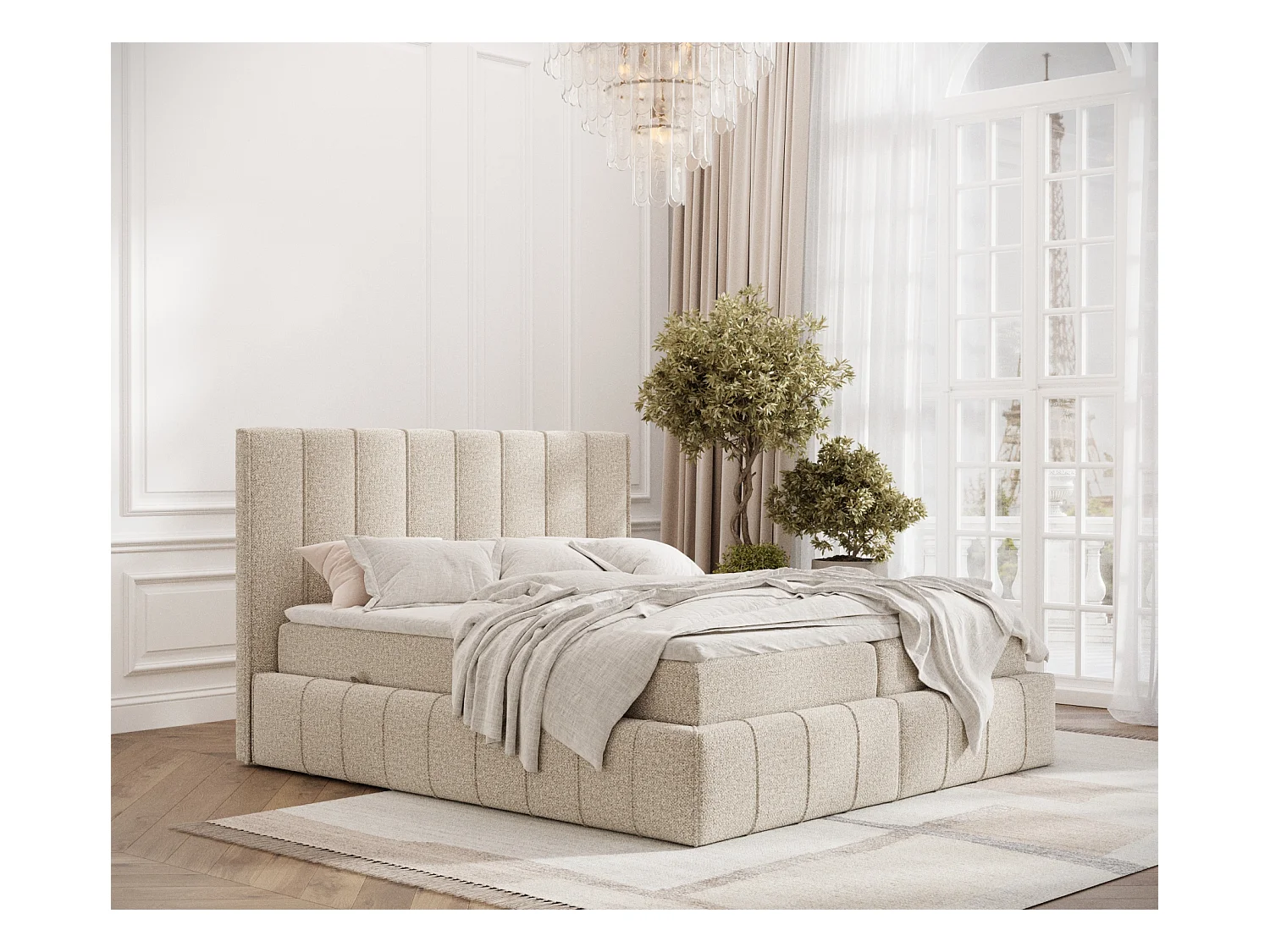 Lit boxspring en tissu bouclette Moretti - matelas - surmatelas - 140x200 cm - beige