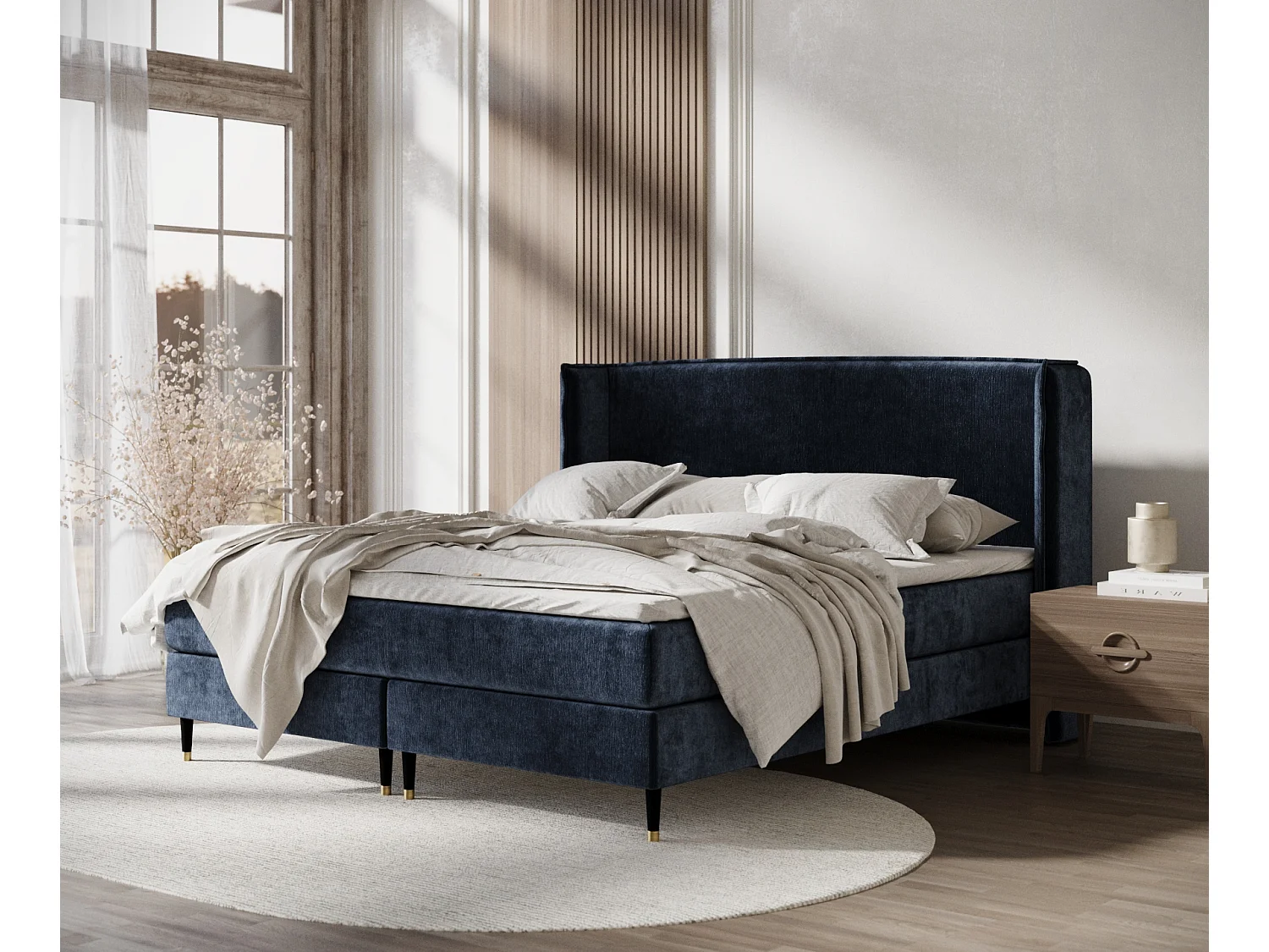 Lit boxspring en tissu chenille Ardis - matelas - surmatelas - 200x200 cm - bleu marine