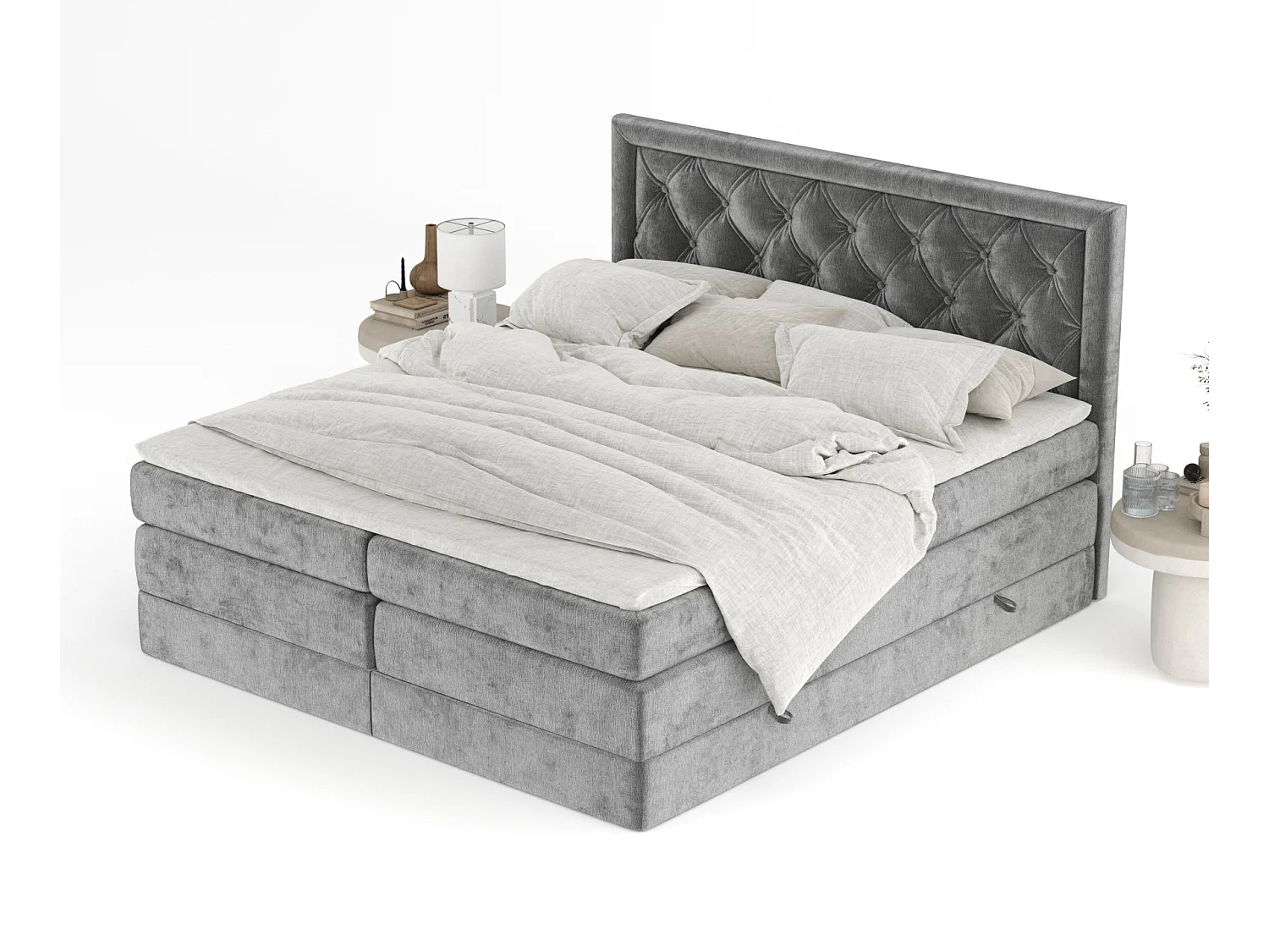 Boxspringbett aus Chenille-Stoff Aurelia - Matratze - Toppermatratze - 180x200 cm - grau