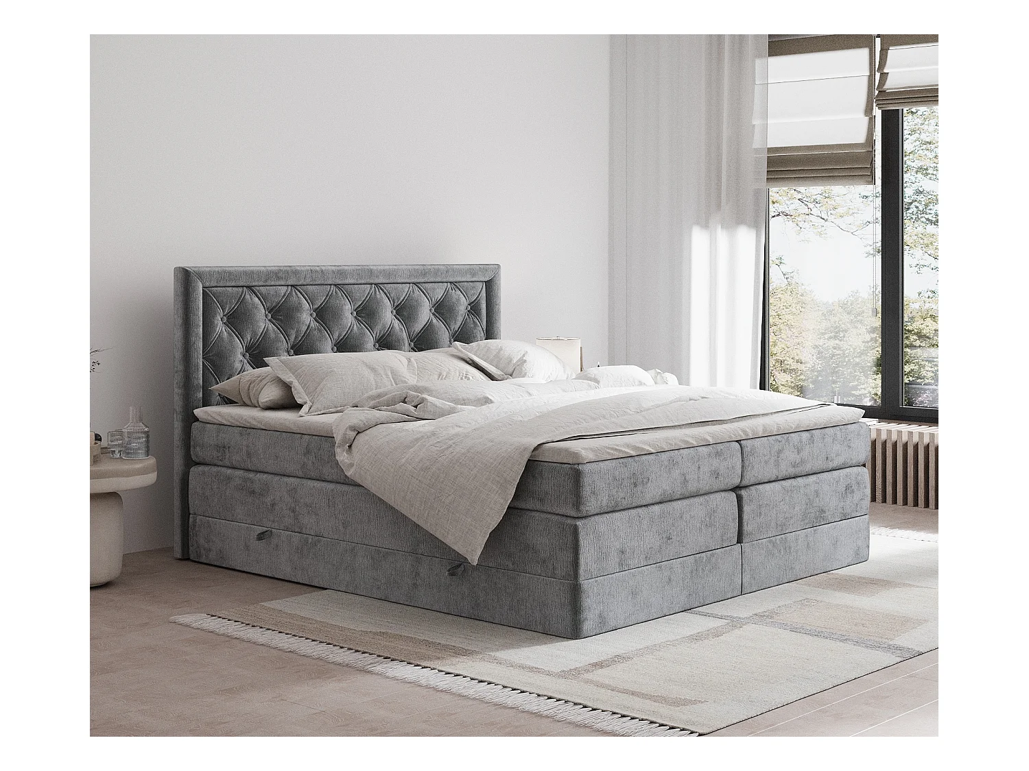 Lit boxspring en tissu chenille Aurelia - matelas - surmatelas - 180x200 cm - gris