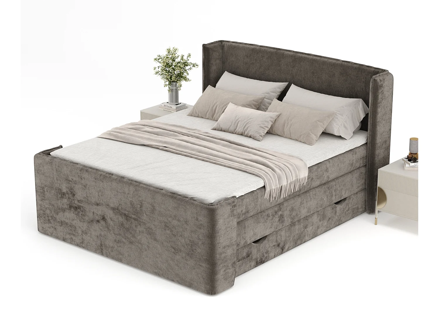 Lit boxspring en tissu chenille Freeland - matelas - surmatelas - 180x200 cm - brun