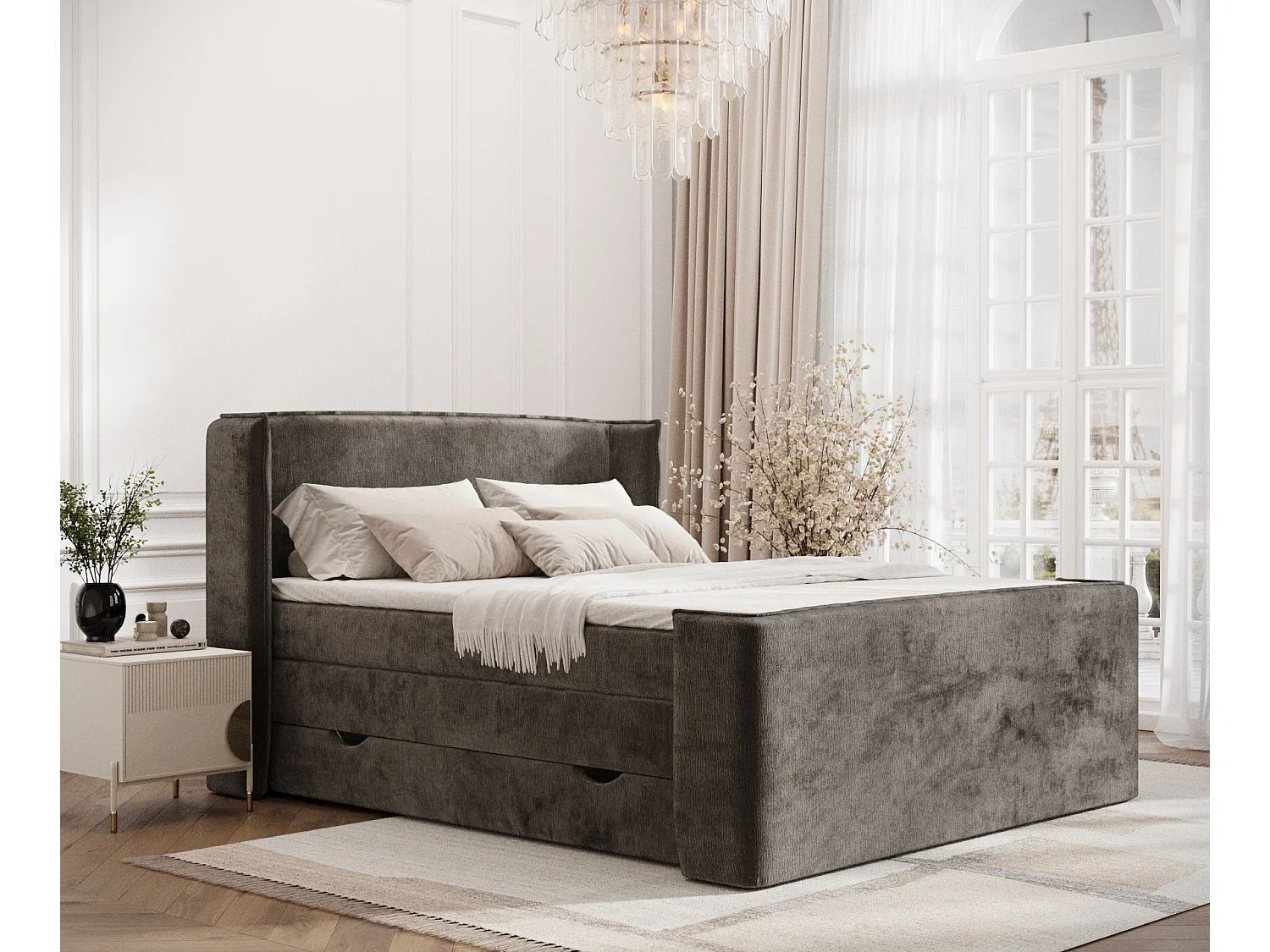 Boxspringbett aus Chenille-Stoff Freeland - Matratze - Toppermatratze - 180x200 cm - braun