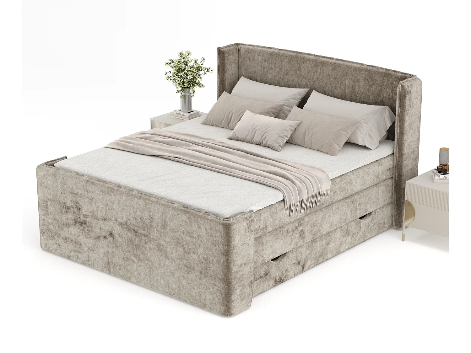 Boxspringbett aus Chenille-Stoff Freeland - Matratze - Toppermatratze - 160x200 cm - beige