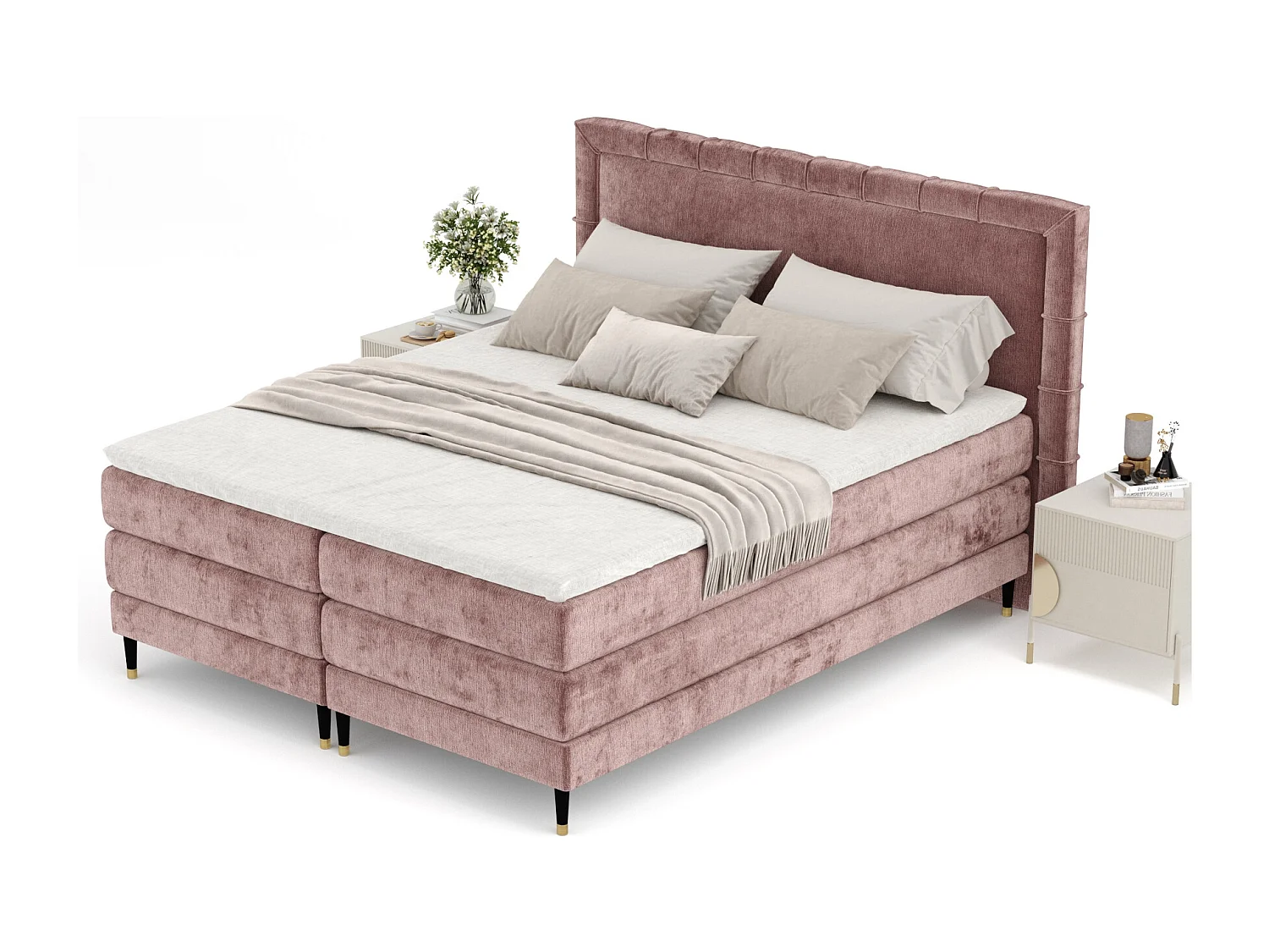Boxspringbett aus Chenille-Stoff Rimini - Matratze - Toppermatratze - 140x200 cm - rosa
