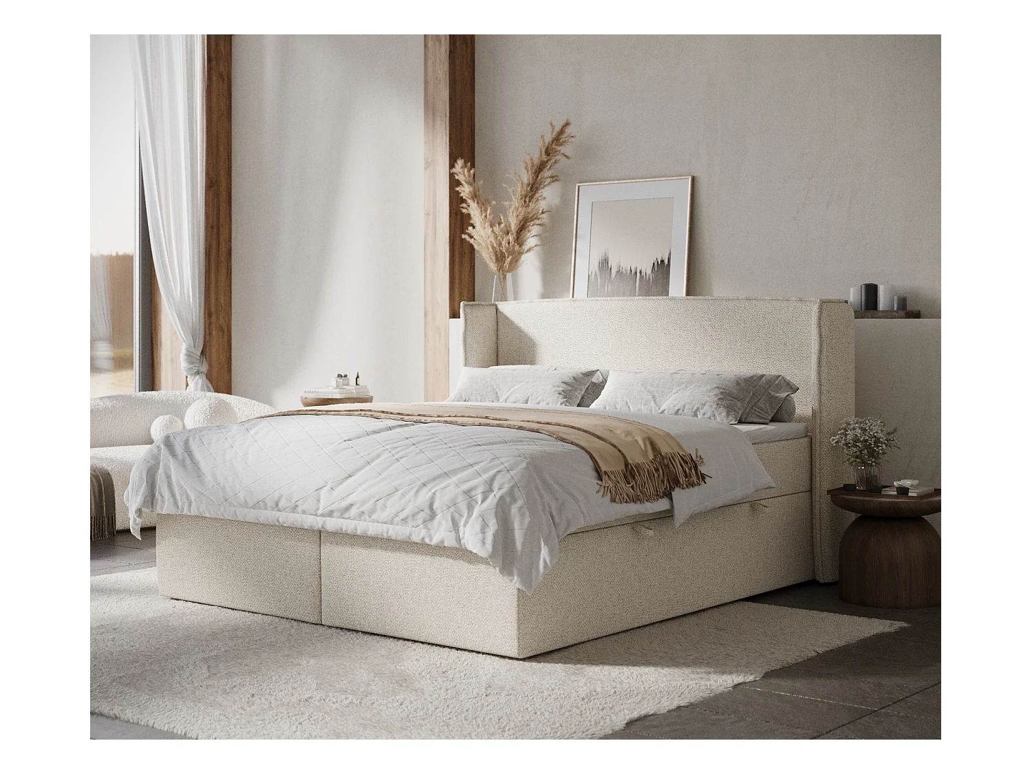 Lit boxspring en tissu bouclette Skyline - matelas - surmatelas - 140x200 cm - creme