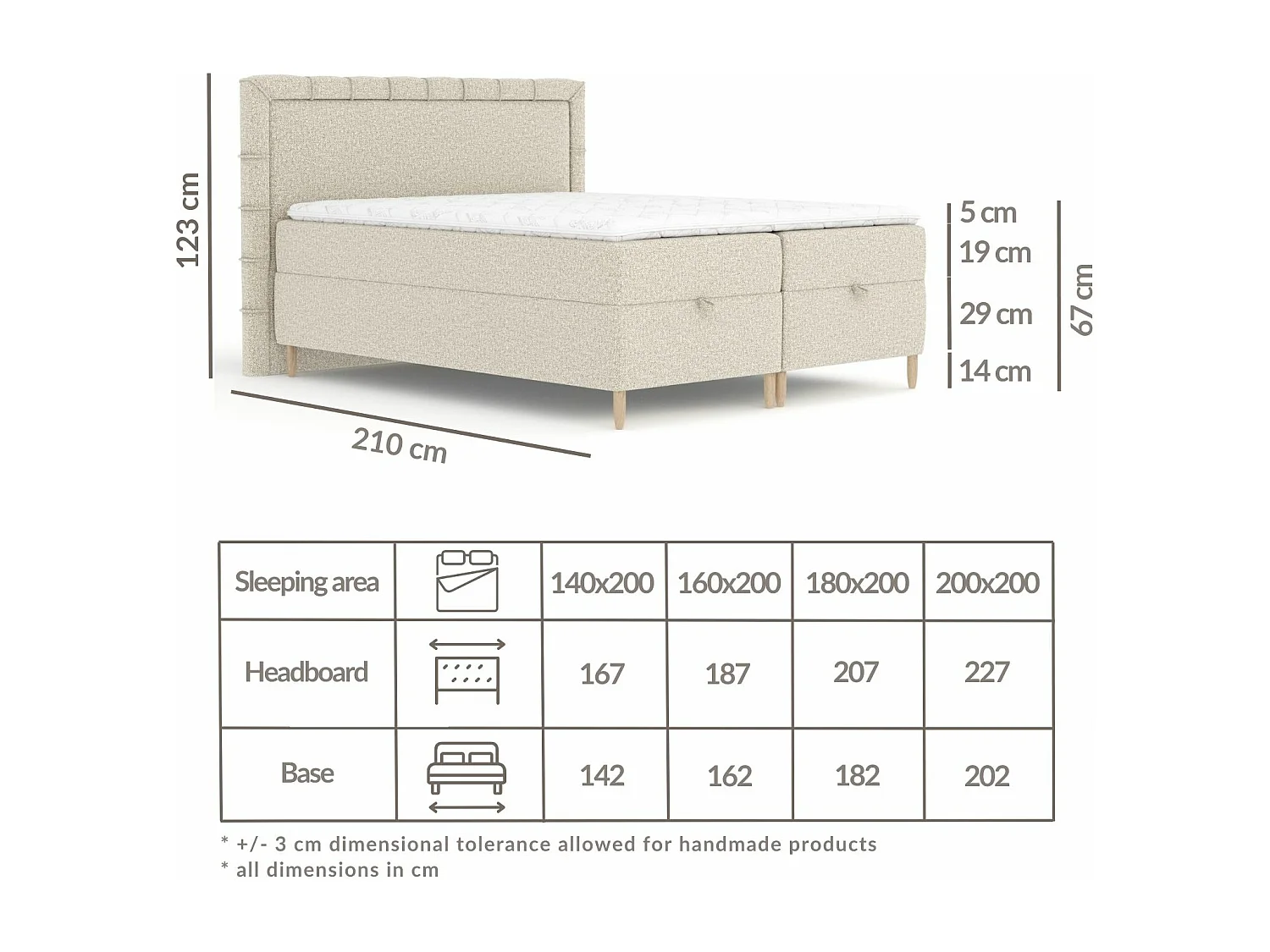Boxspringbett aus Boucle-Stoff Voyage - Matratze - Toppermatratze - 140x200 cm - grau