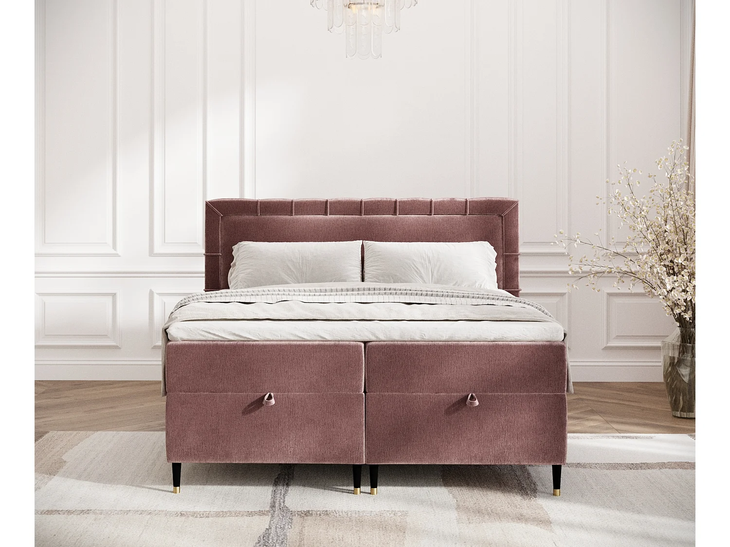 Lit boxspring en tissu chenille Voyage - matelas - surmatelas - 140x200 cm - rose