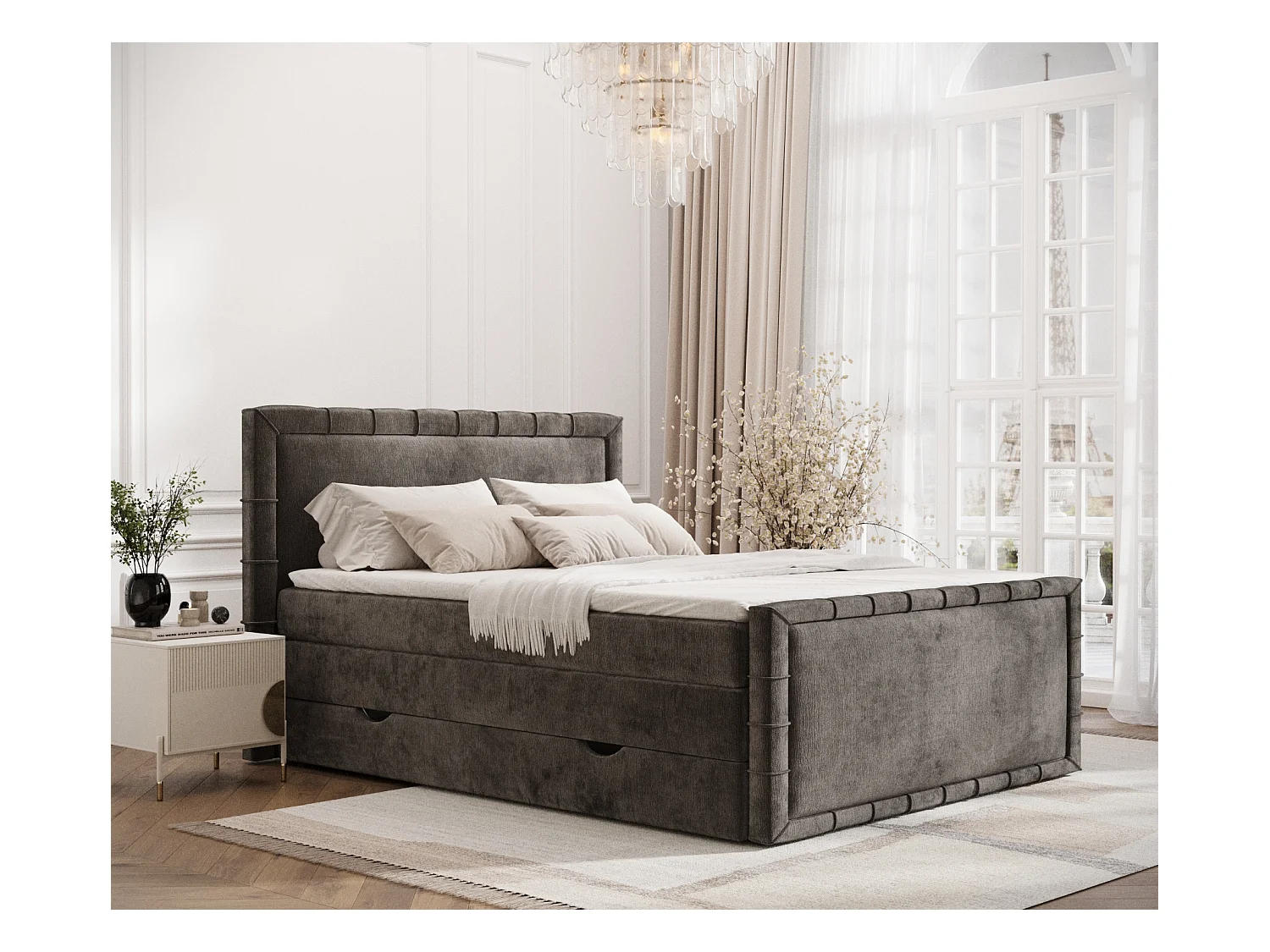 Lit boxspring en tissu chenille Estelle - matelas - surmatelas - 160x200 cm - brun