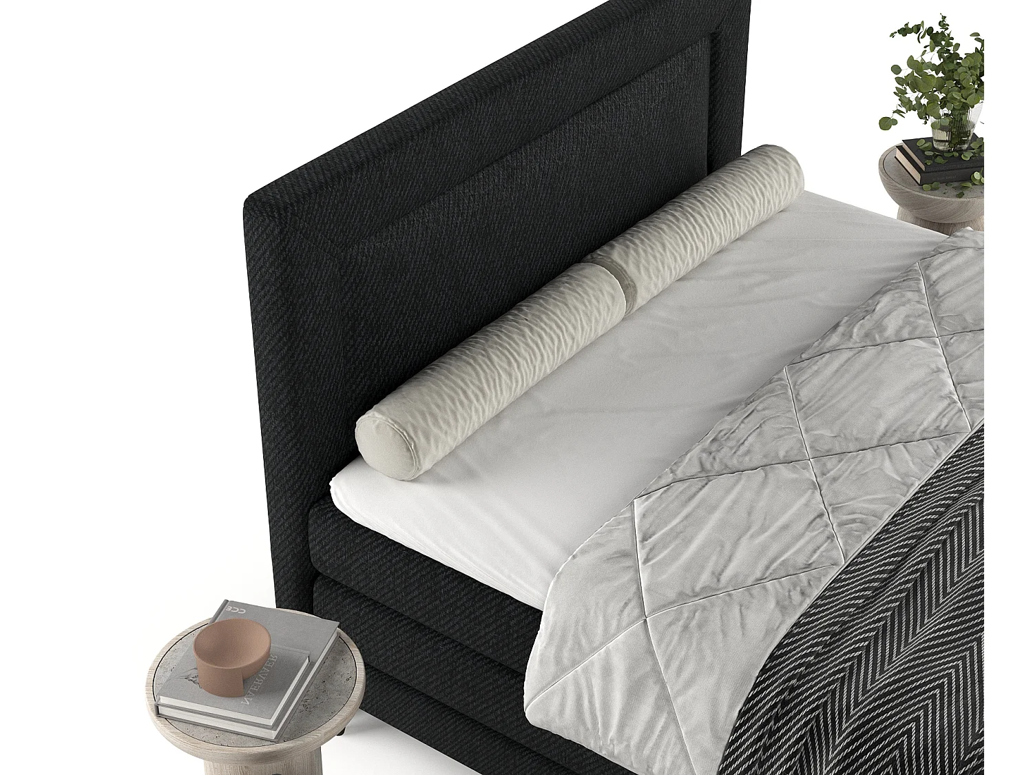 Łóżko boxspring w tkaninie plecionej Madame - materac - topper - 180x200 cm - czarny