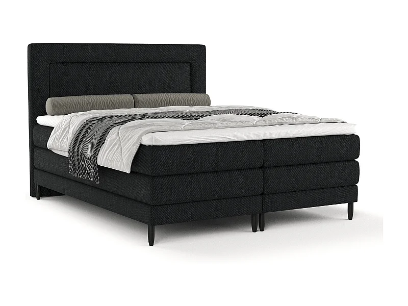 Łóżko boxspring w tkaninie plecionej Madame - materac - topper - 180x200 cm - czarny