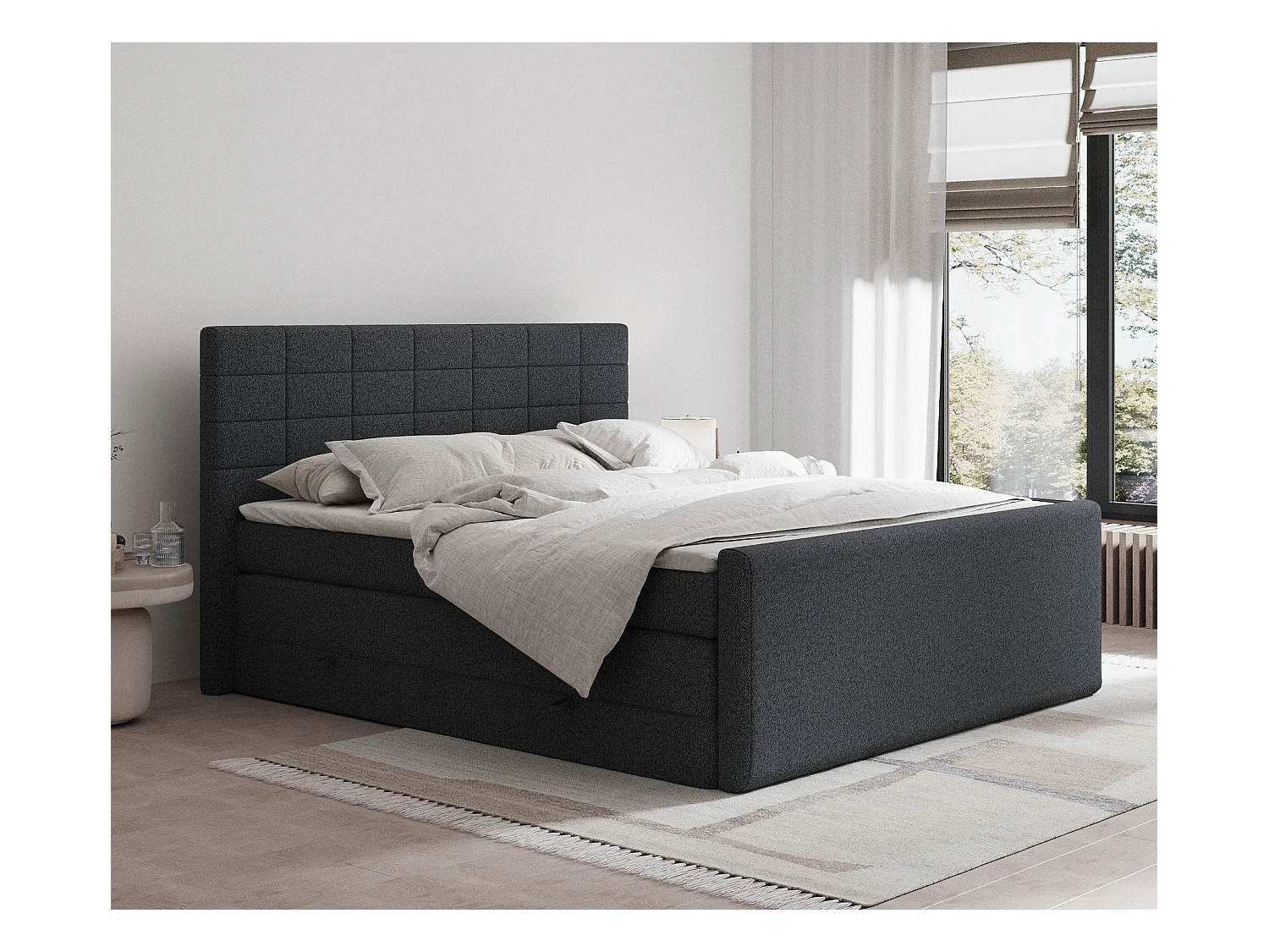 Lit boxspring en toile tissée Ava - matelas - surmatelas - 160x200 cm - noir