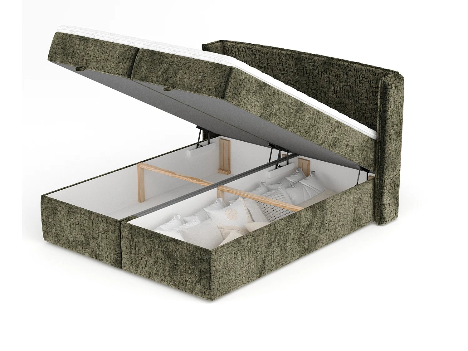 Boxspringbett aus Chenille-Stoff Passion - Matratze - Toppermatratze - 200x200 cm - olivenfarbe