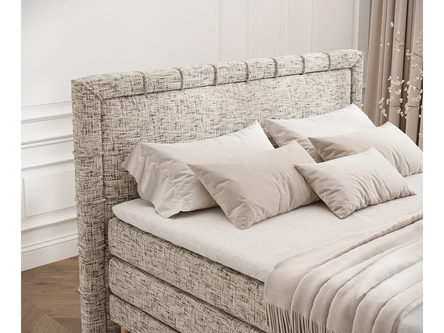 Łóżko boxspring w tkaninie plecionej Rimini - materac - topper - 140x200 cm - beżowy melanż