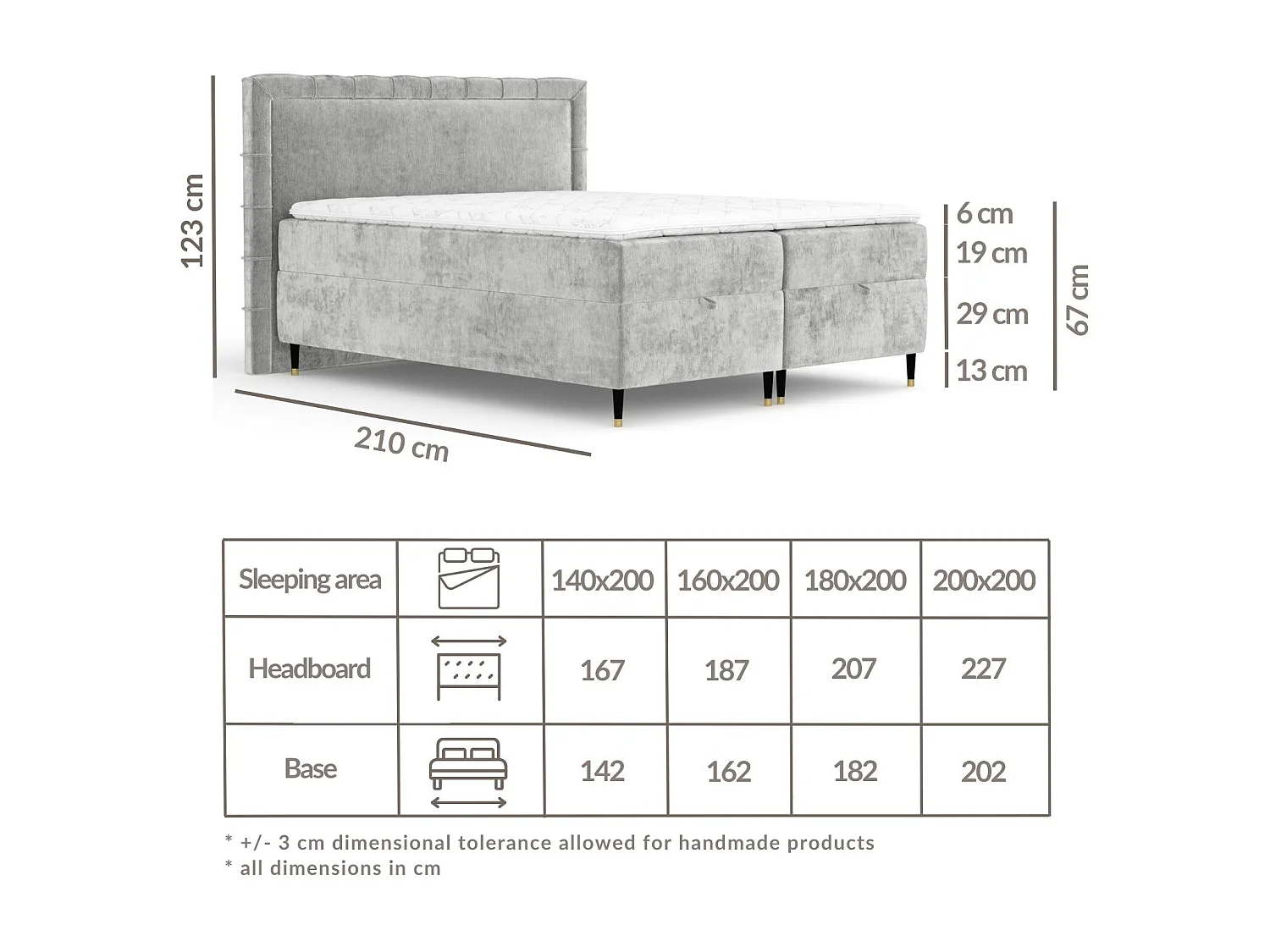 Boxspringbett aus Chenille-Stoff Voyage - Matratze - Toppermatratze - 200x200 cm - grau