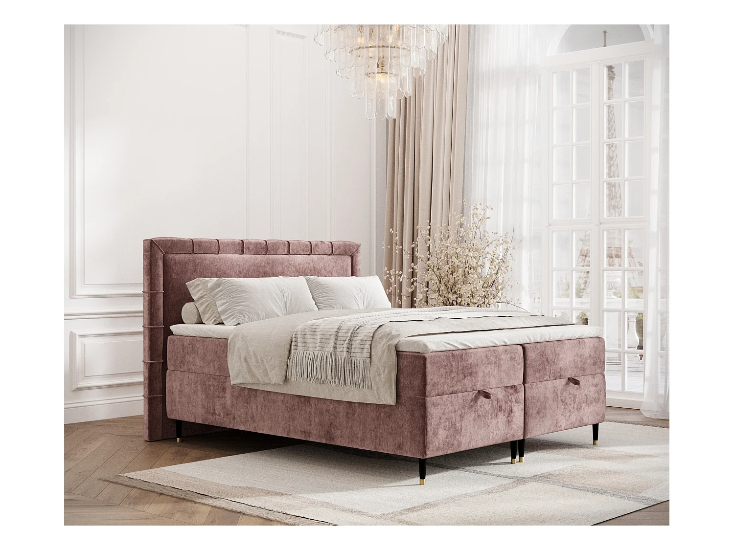 Lit boxspring en tissu chenille Voyage - matelas - surmatelas - 200x200 cm - rose