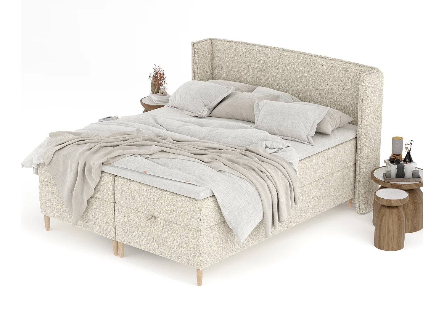 Boxspringbett aus Boucle-Stoff Monpelli - Matratze - Toppermatratze - 140x200 cm - beige