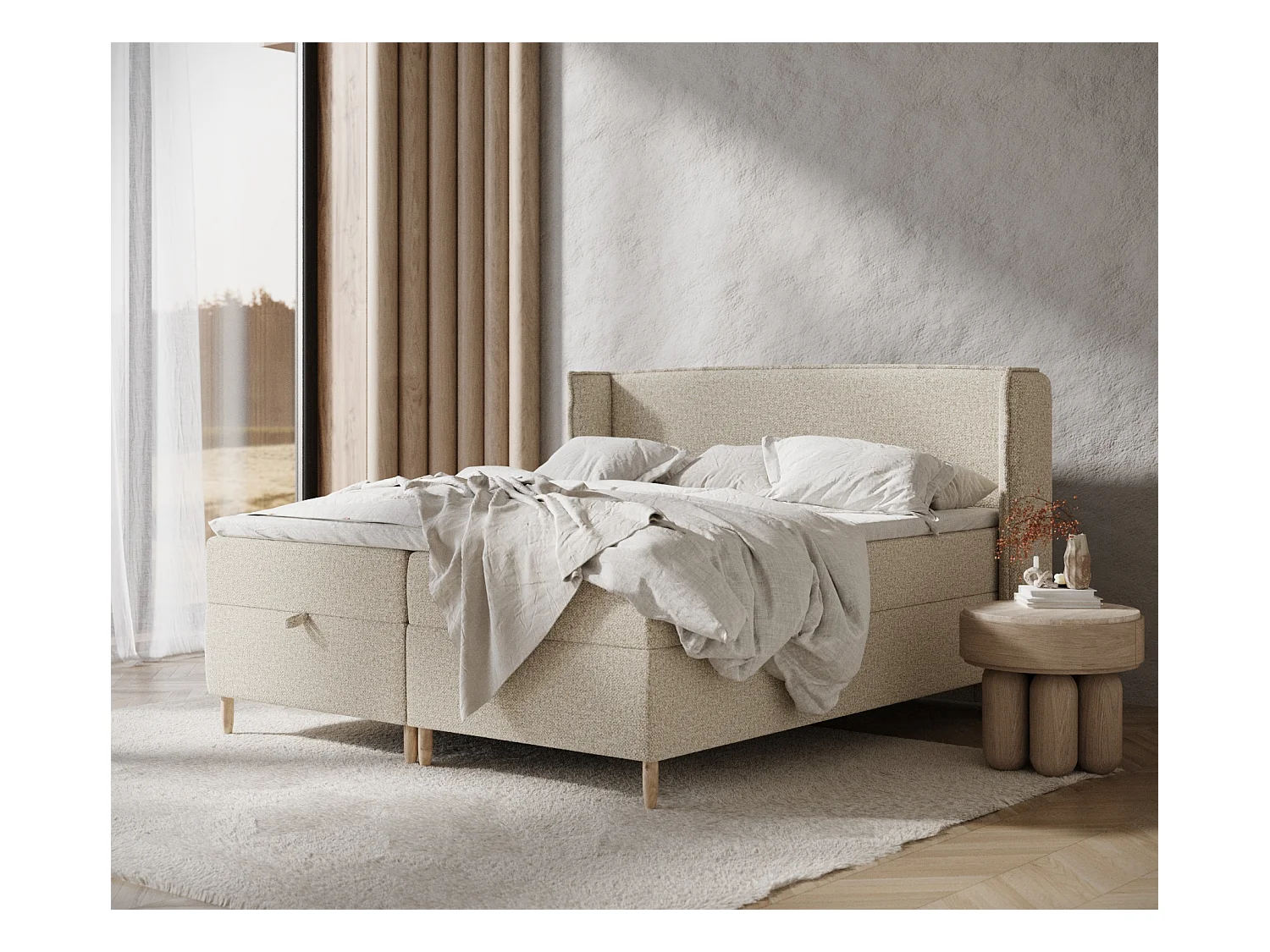 Lit boxspring en tissu bouclette Monpelli - matelas - surmatelas - 140x200 cm - beige