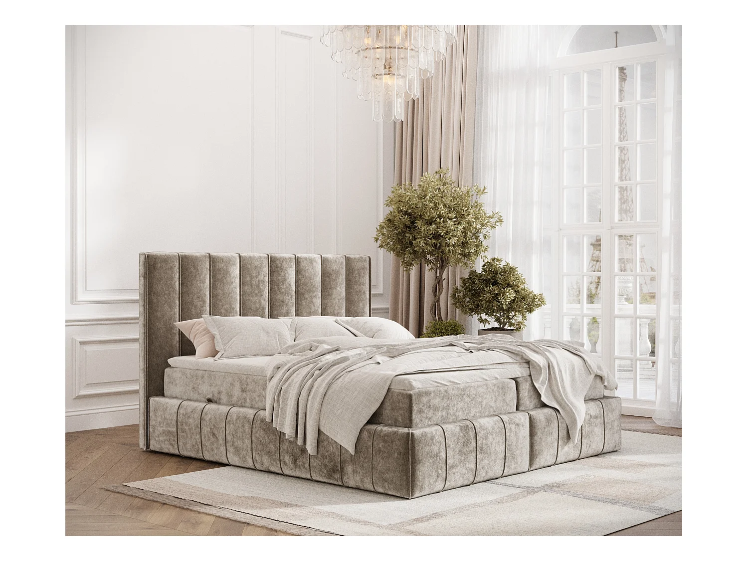Lit boxspring en tissu chenille Moretti - matelas - surmatelas - 160x200 cm - beige