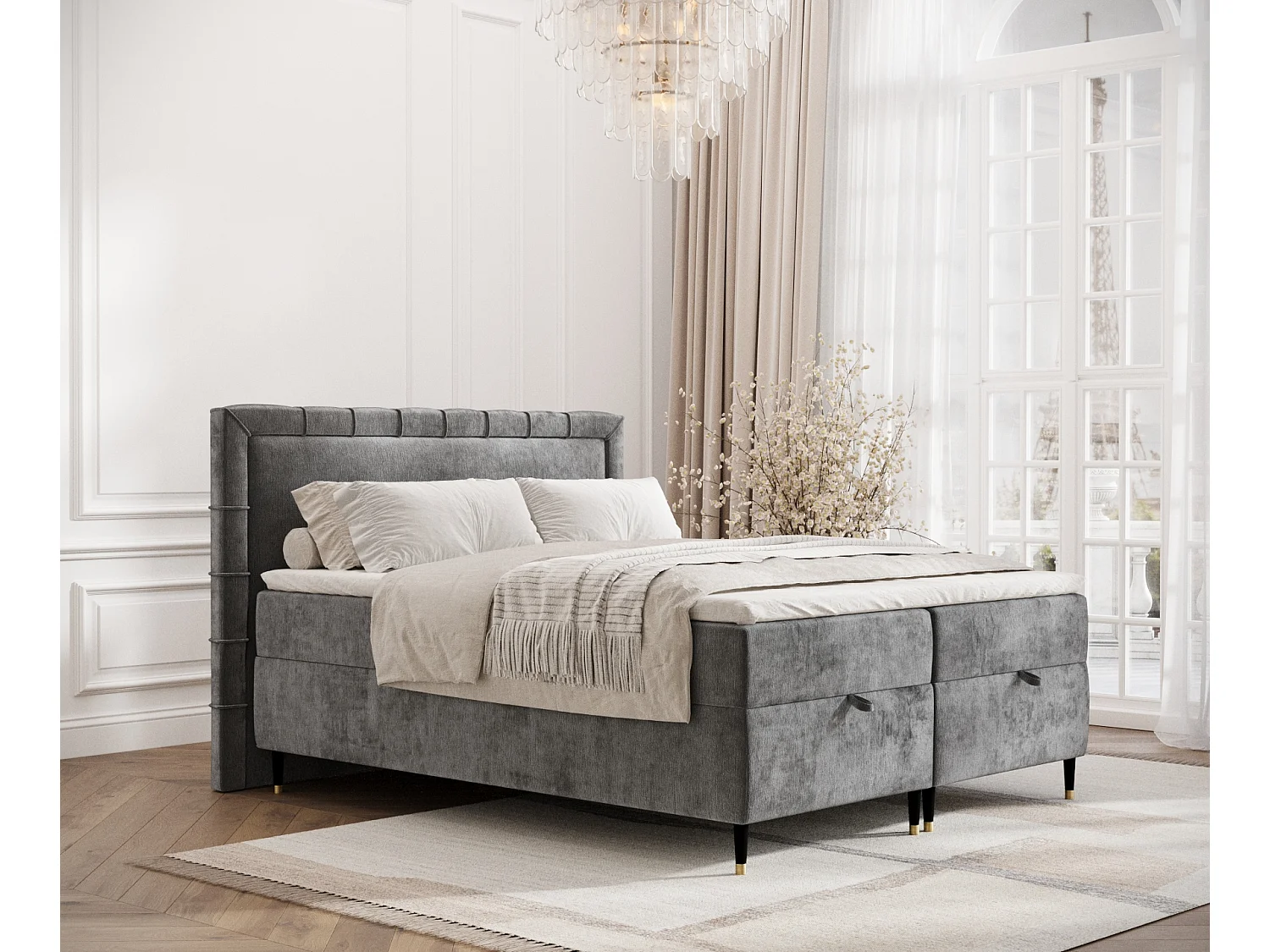 Lit boxspring en tissu chenille Voyage - matelas - surmatelas - 140x200 cm - gris