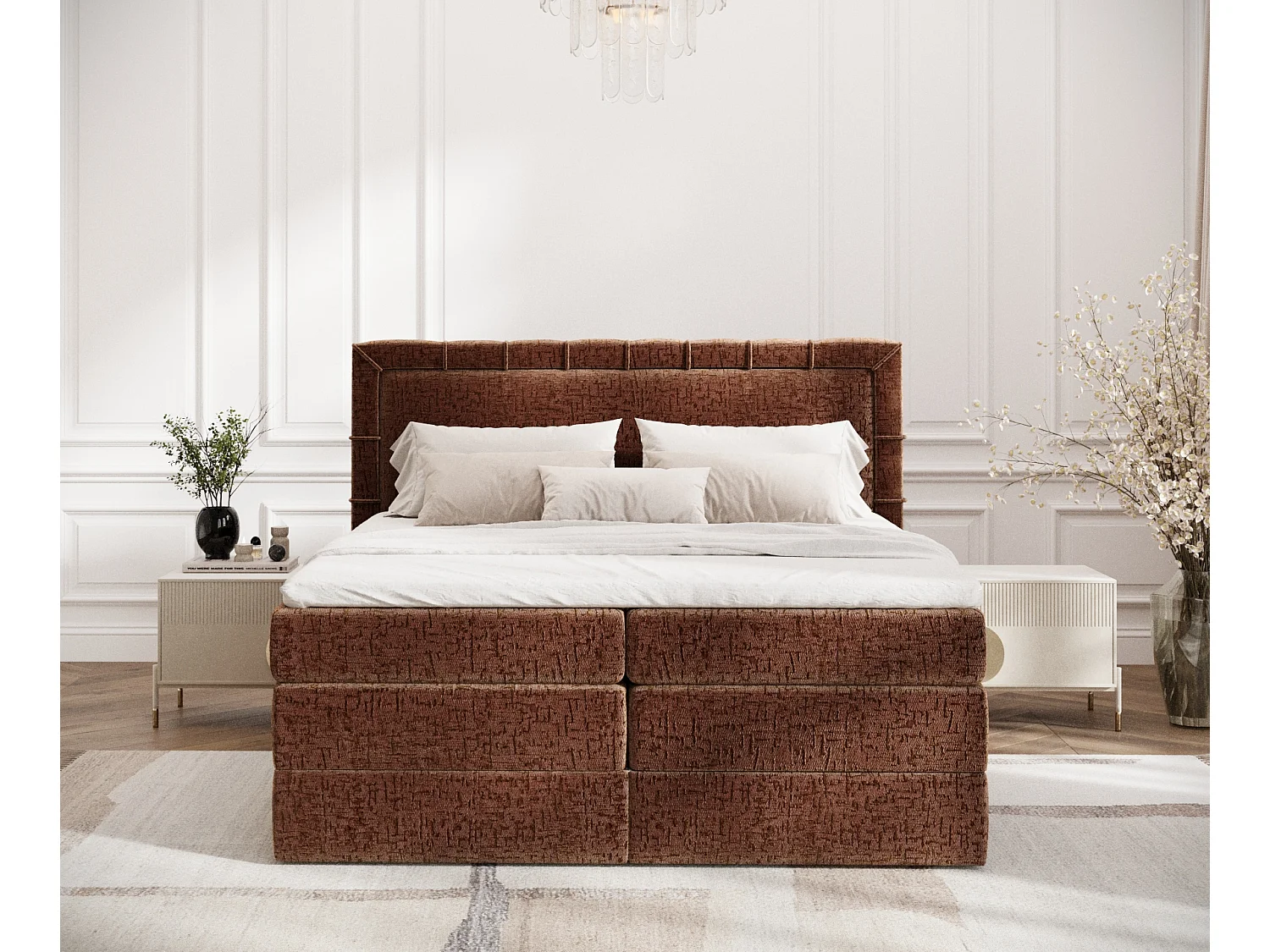 Boxspringbett aus Chenille-Stoff Rosabel - Matratze - Toppermatratze - 200x200 cm - kupferfarbe