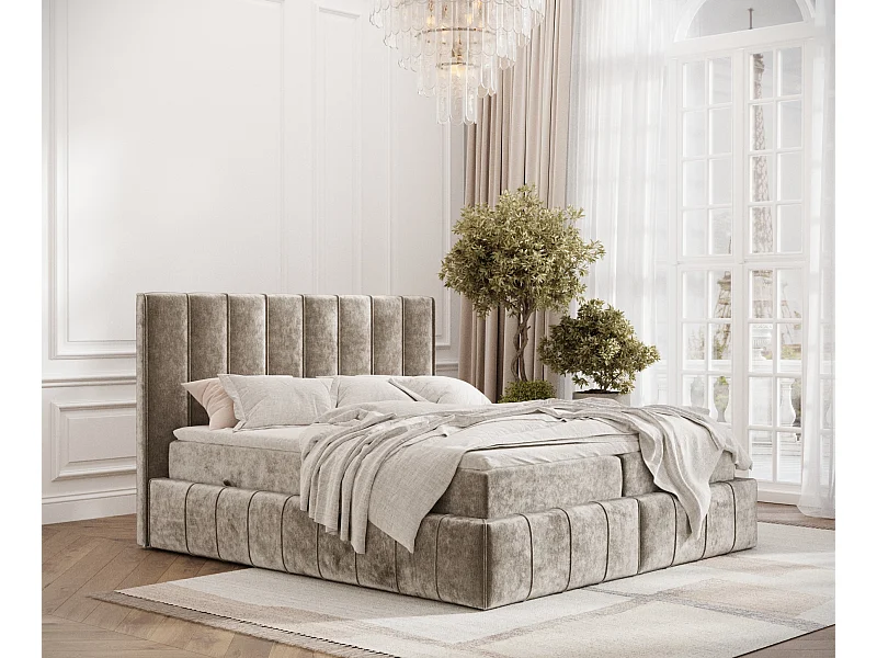 Lit boxspring en tissu chenille Moretti - matelas - surmatelas - 200x200 cm - beige