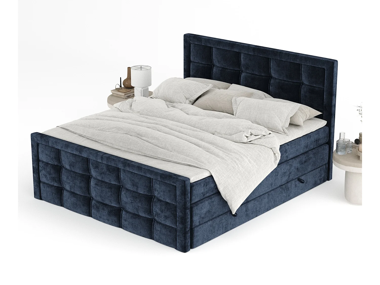 Boxspringbett aus Chenille-Stoff Ambrosia - Matratze - Toppermatratze - 200x200 cm - marineblau
