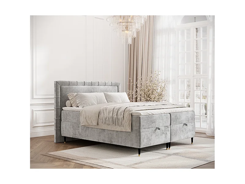 Lit boxspring en tissu chenille Voyage - matelas - surmatelas - 160x200 cm - gris clair