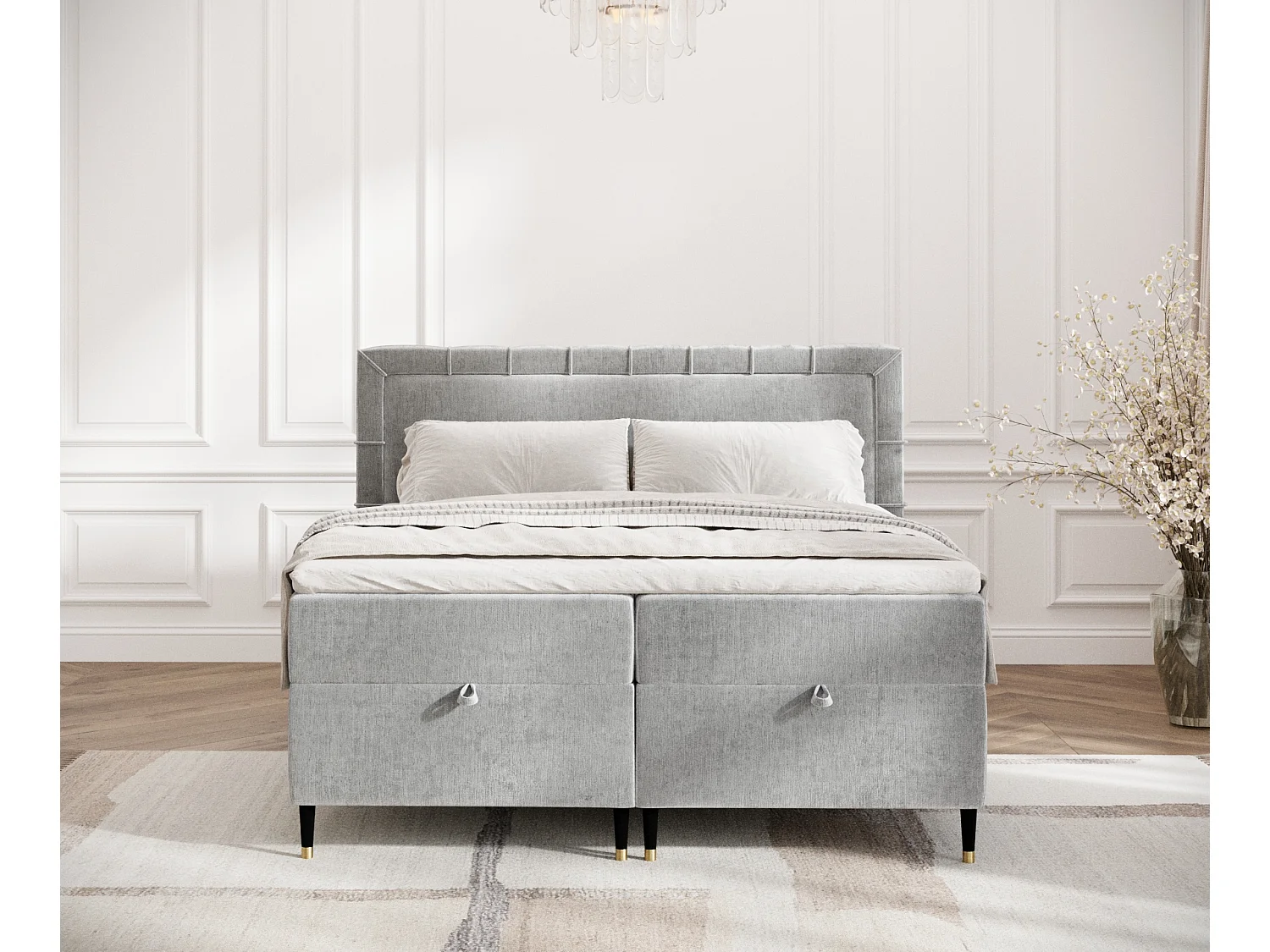 Boxspringbett aus Chenille-Stoff Voyage - Matratze - Toppermatratze - 160x200 cm - hellgrau