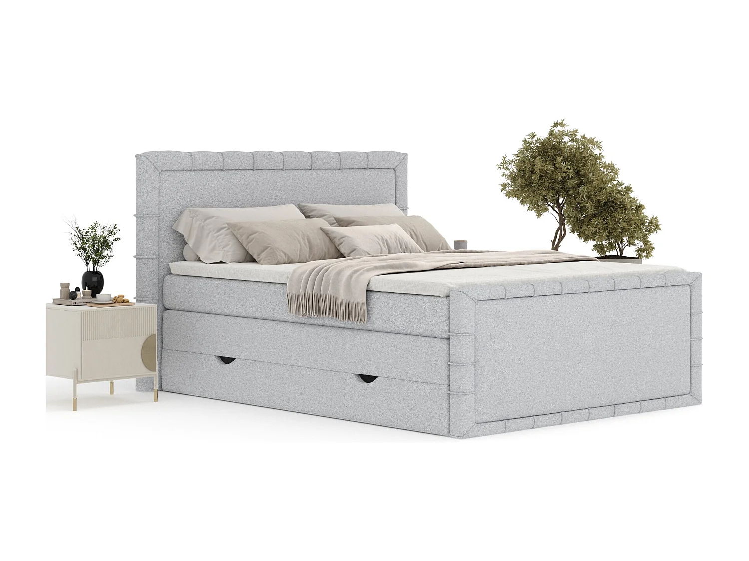 Lit boxspring en toile tissée Estelle - matelas - surmatelas - 200x200 cm - gris clair