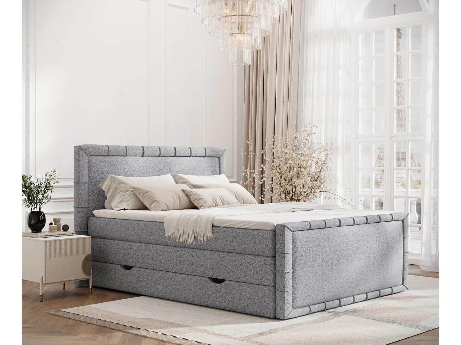 Boxspringbett im Webstoff Estelle - Matratze - Topper - 200x200 cm - grau