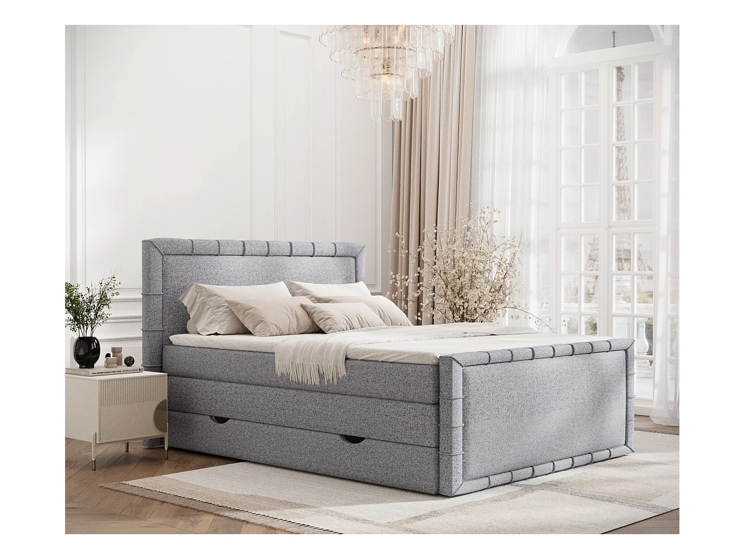 Lit boxspring en toile tissée Estelle - matelas - surmatelas - 200x200 cm - gris
