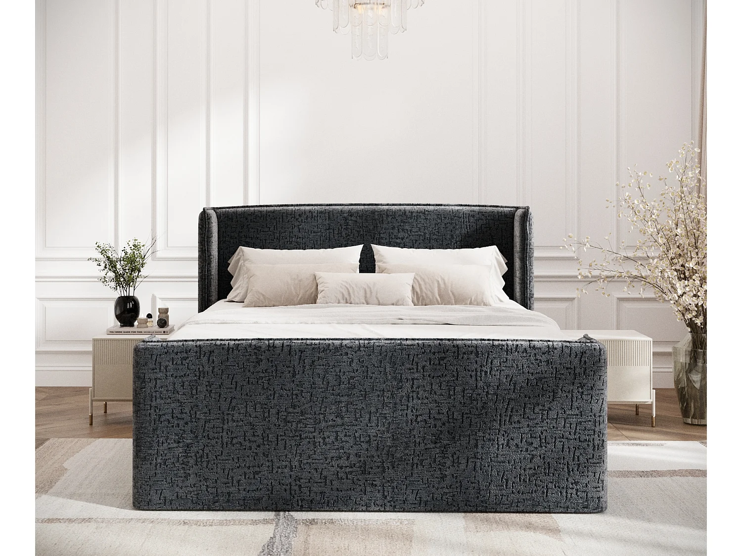 Lit boxspring en tissu chenille Freeland - matelas - surmatelas - 160x200 cm - anthracite