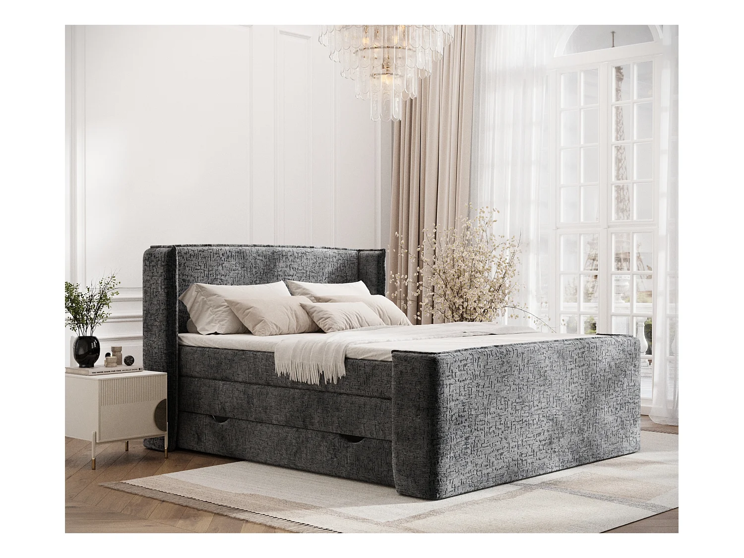 Lit boxspring en tissu chenille Freeland - matelas - surmatelas - 160x200 cm - anthracite