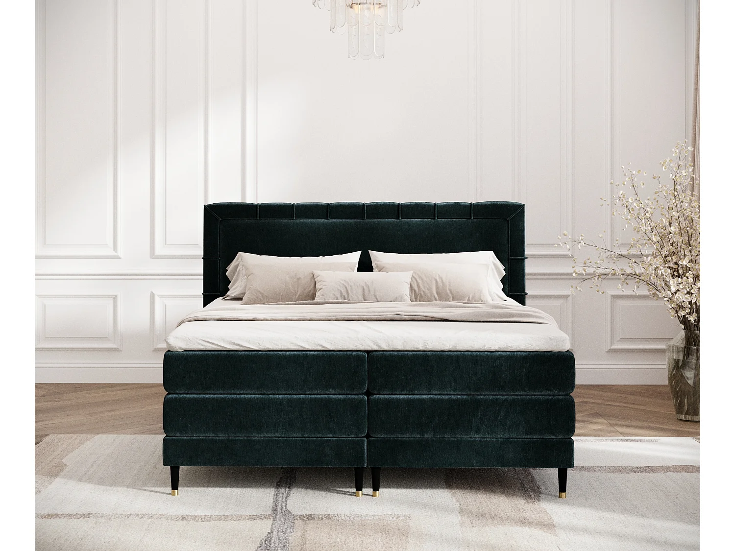 Boxspringbett aus Chenille-Stoff Rimini - Matratze - Toppermatratze - 140x200 cm - blaugrüne