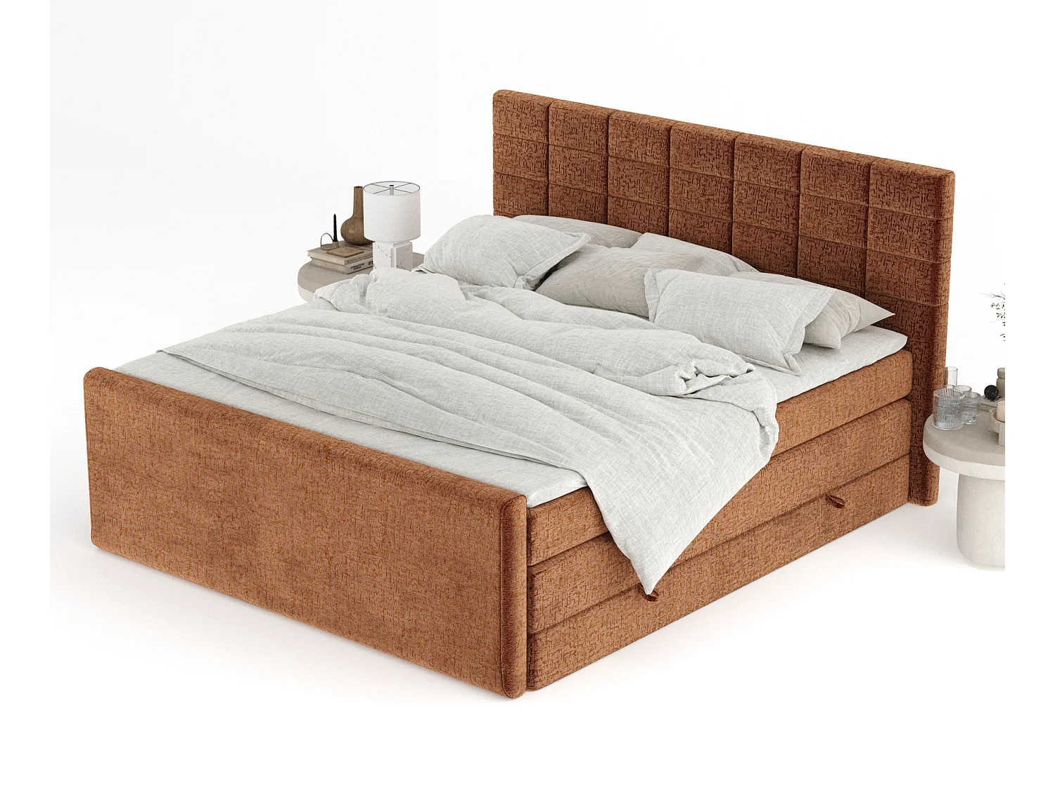 Lit boxspring en tissu chenille Ava - matelas - surmatelas - 140x200 cm - couleur cuivre