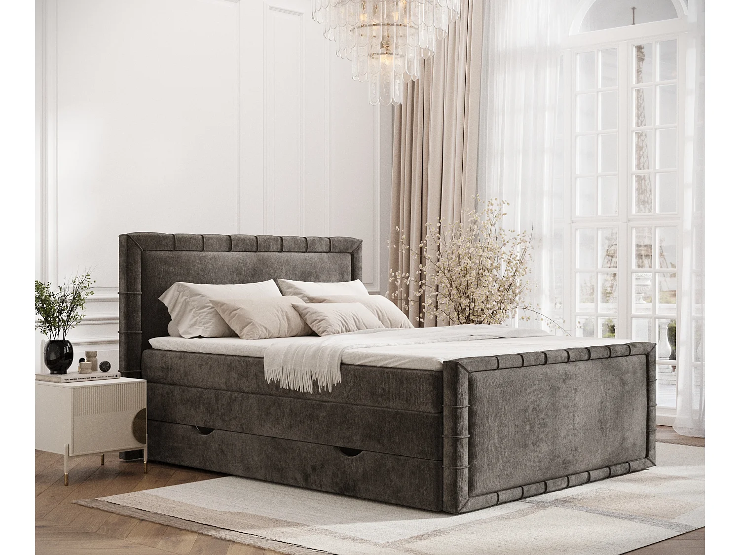 Lit boxspring en tissu chenille Estelle - matelas - surmatelas - 200x200 cm - brun