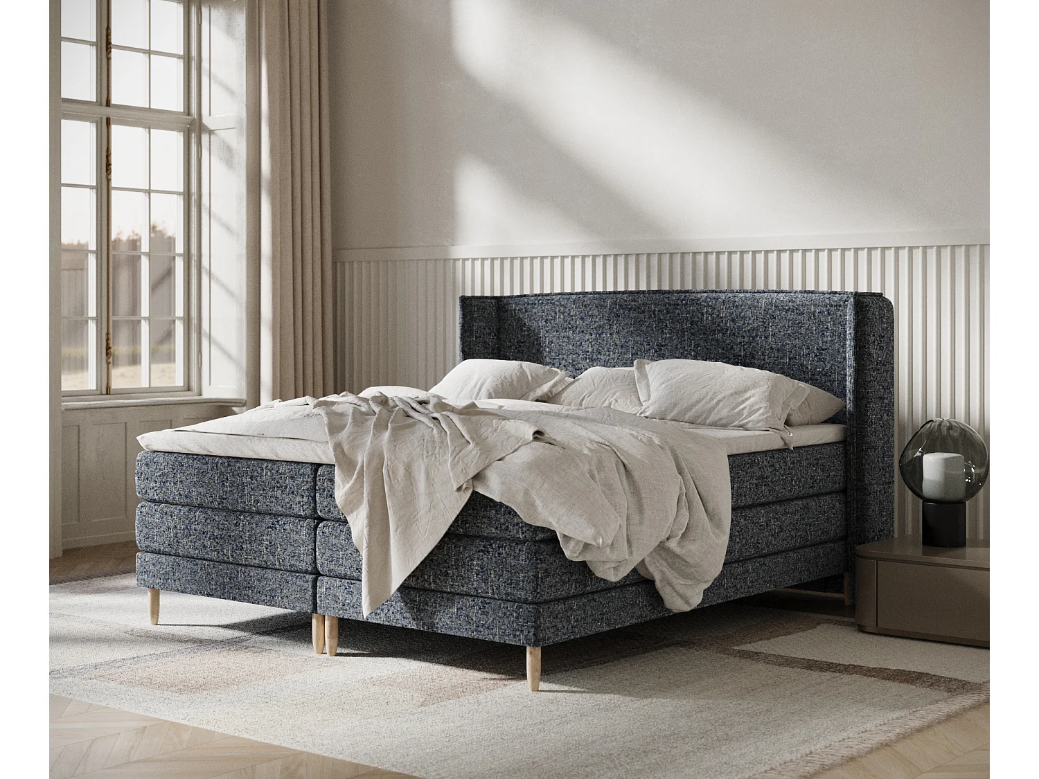 Boxspringbett aus Webstoff Carizzo - Matratze - Toppermatratze - 160x200 cm - marineblau