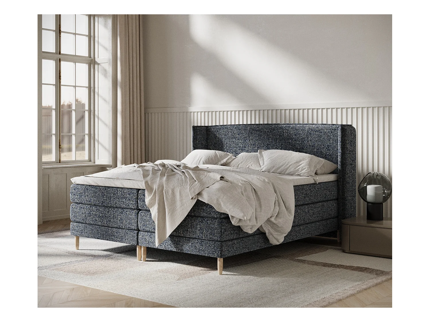 Lit boxspring en toile tissée Carizzo - matelas - surmatelas - 160x200 cm - bleu marine