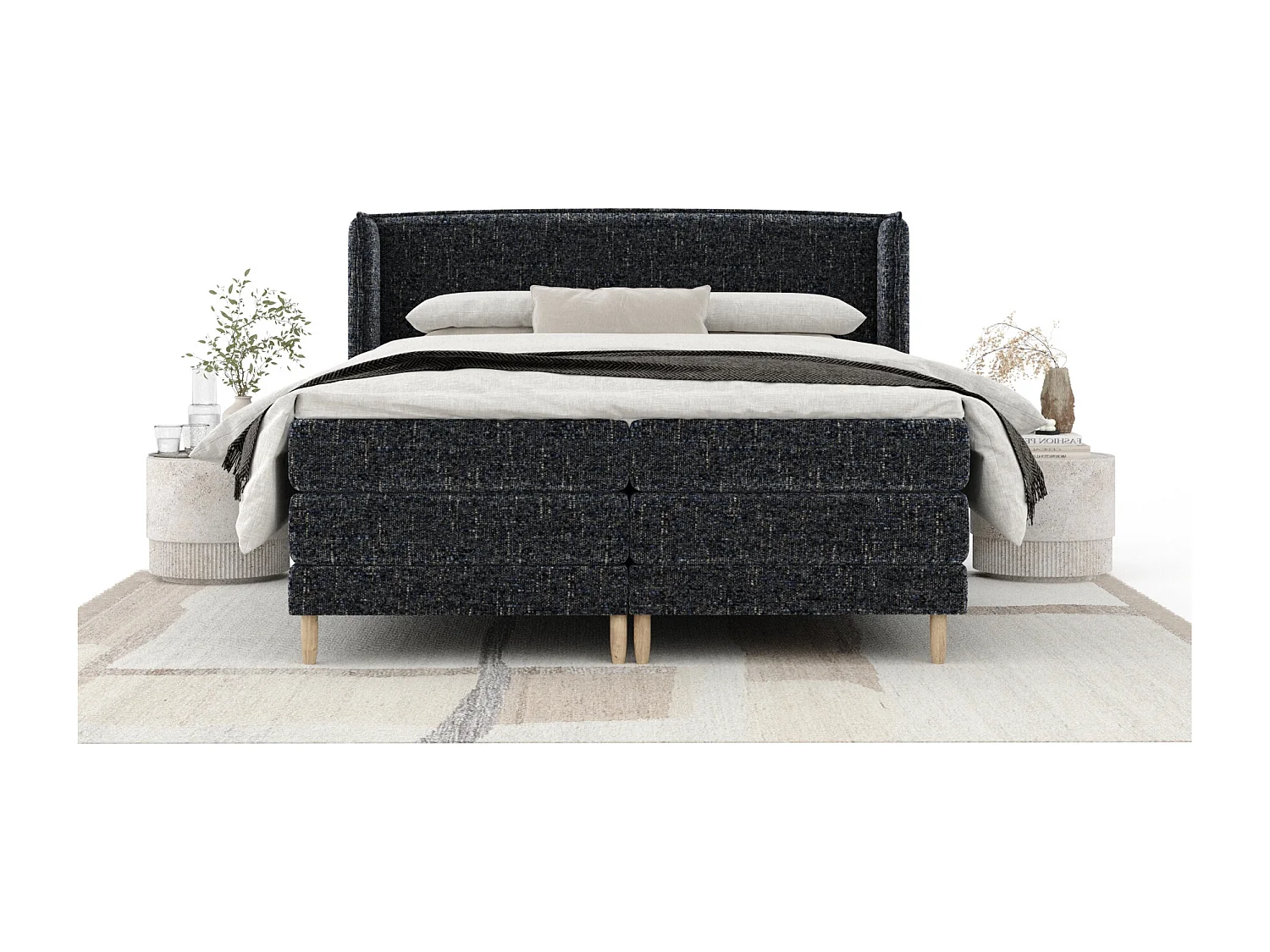 Łóżko boxspring w tkaninie plecionej Carizzo - materac - topper - 160x200 cm - granatowy