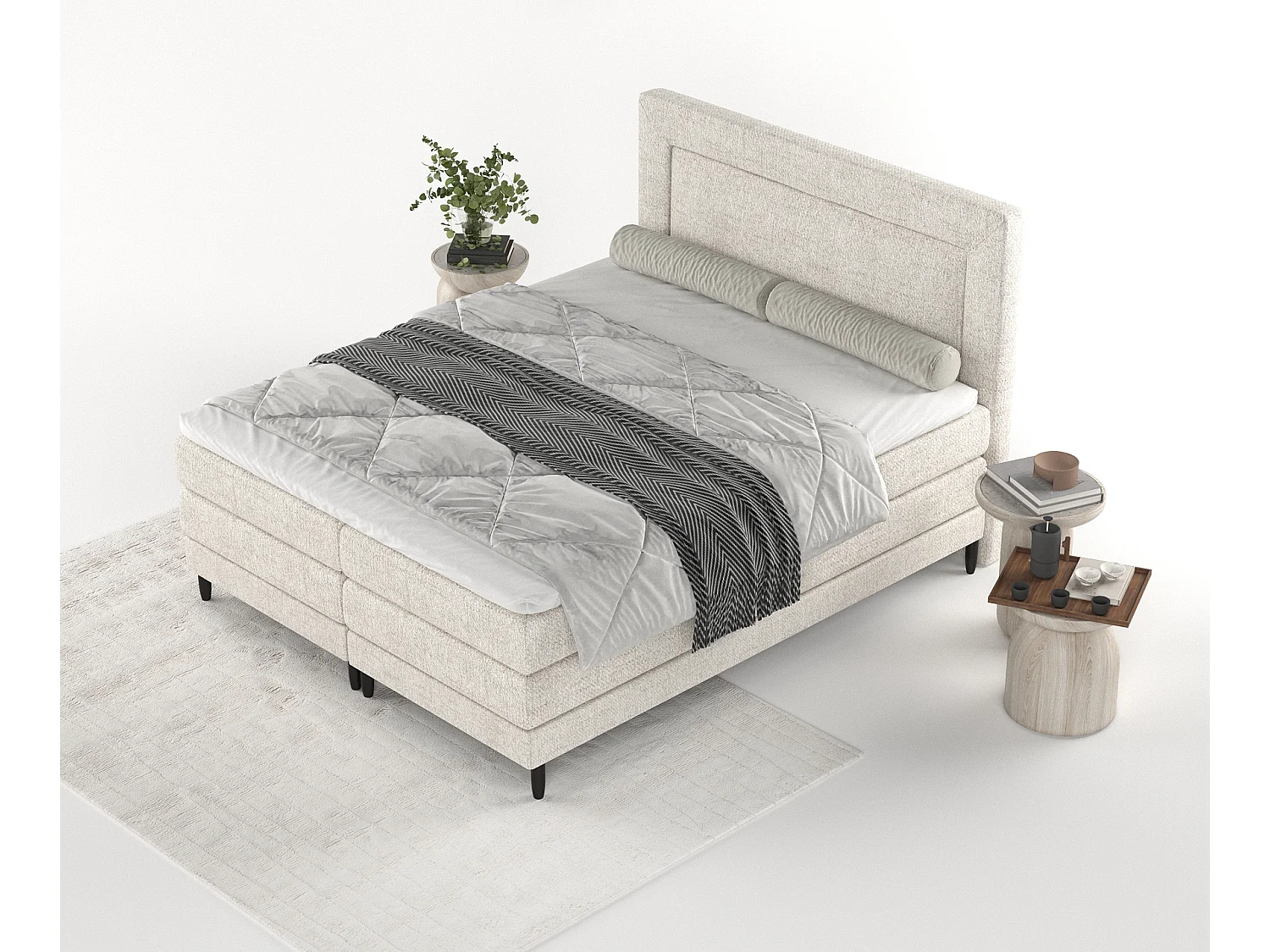 Łóżko boxspring w tkaninie plecionej Madame - materac - topper - 180x200 cm - kremowy