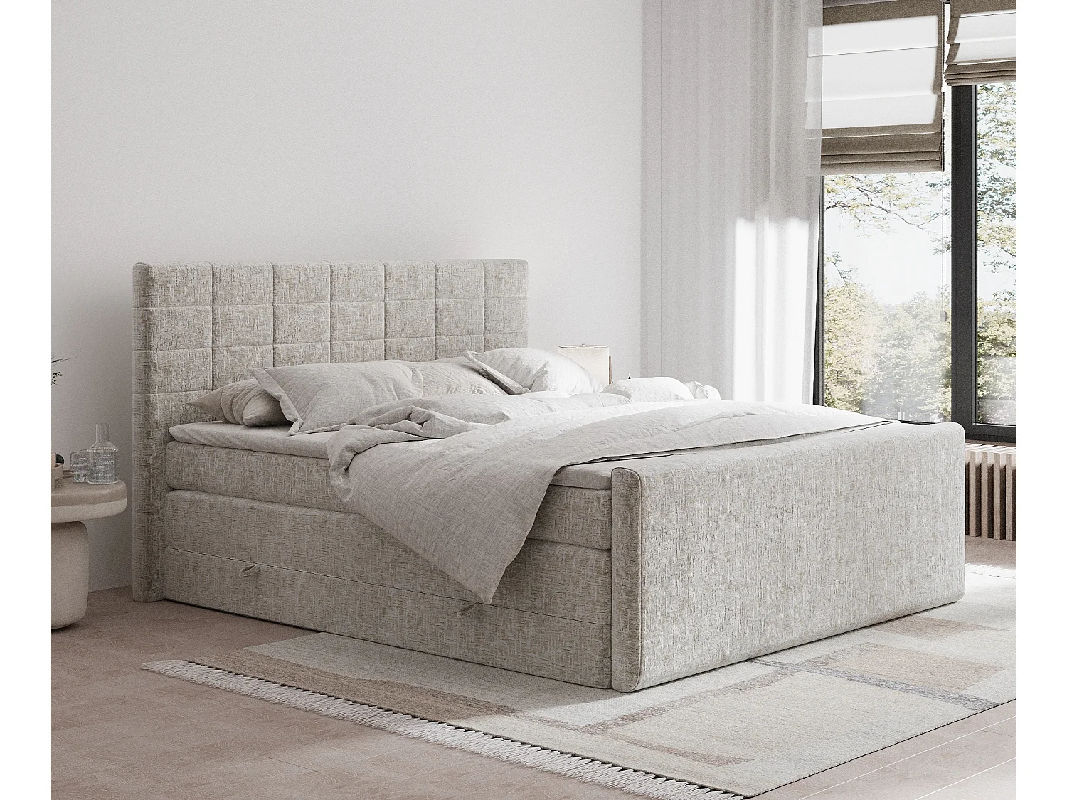 Lit boxspring en tissu chenille Ava - matelas - surmatelas - 160x200 cm - beige