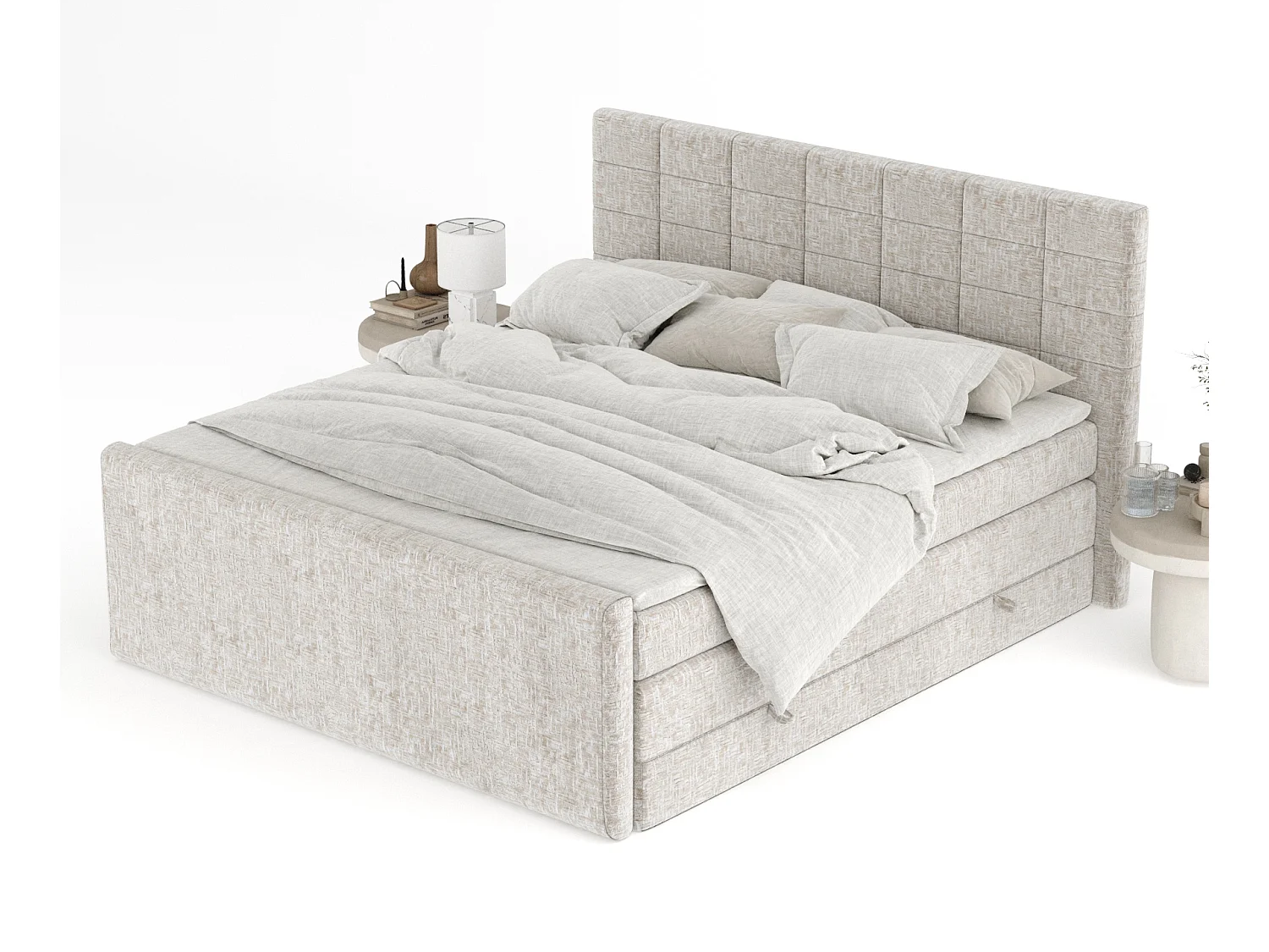 Lit boxspring en tissu chenille Ava - matelas - surmatelas - 160x200 cm - beige