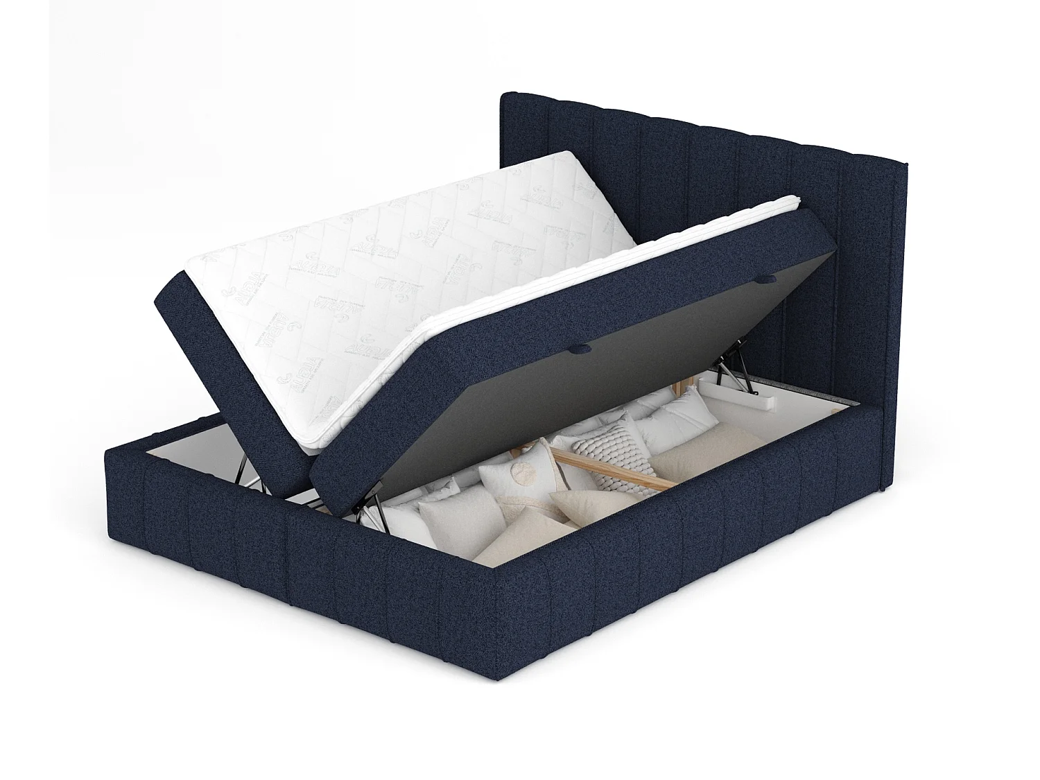 Łóżko boxspring w tkaninie plecionej Moretti - materac - topper - 180x200 cm - granatowy