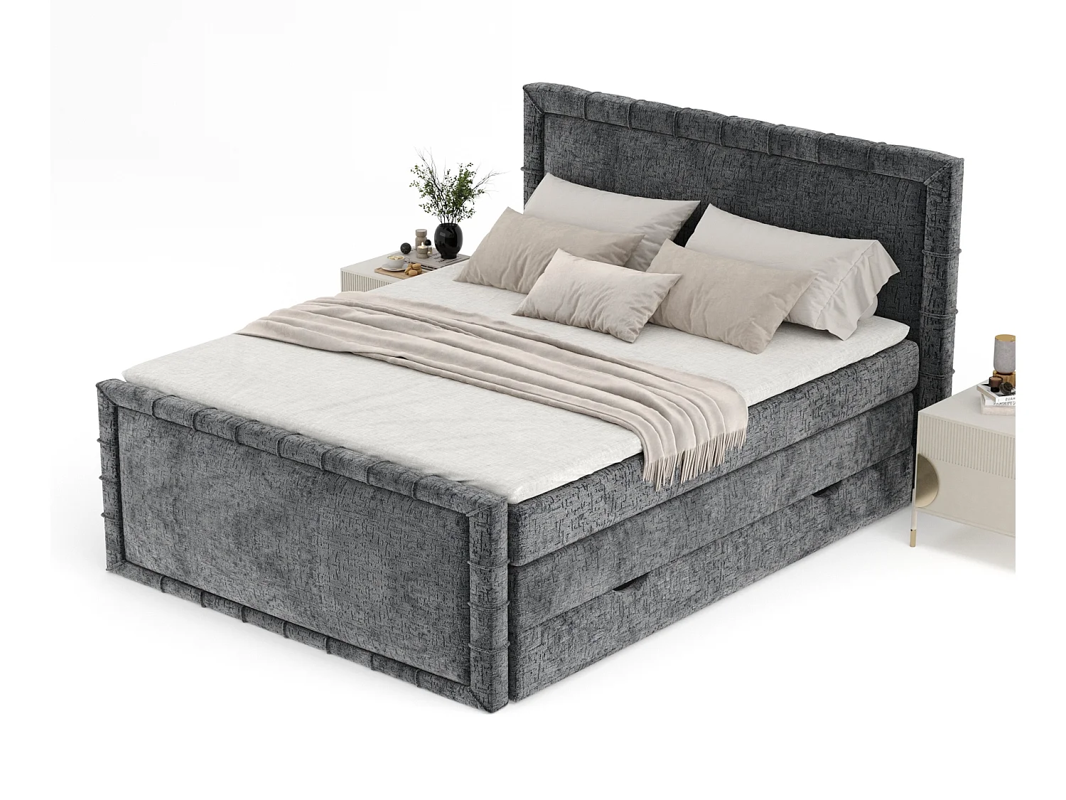 Lit boxspring en tissu chenille Estelle - matelas - surmatelas - 160x200 cm - anthracite